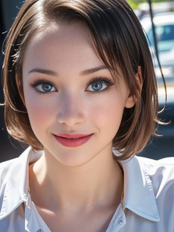 (best quality, 8k, highres, photorealistic:2.0), (solo, one girl:2.0),(photo taken using flash:1.9),(brighten the subject:1.8),(ultimate beautiful girl:2.0),(shiny skin),(oily skin),(blonde hair:1.7),(short hairstyle:1.5),(cool beauty:2.0),Blush brown makeup , dark eye makeup , use pink glossy lipstick,(big beady eyes girl:1.5),(droopy-eyes girl:1.5),(blue eyes:1.5),(thin girl:1.5),( girl),(sex appeal),(sweet smelling girl),(A girl who works part-time at an art museum:1.3),(she works for low wages:1.5),(kind-hearted woman:1.5),(she has a nice smile:1.3),(woman with a happy look:1.3),(she is very sociable),(from a very poor family:1.5),(virgin girl),(She is a secret pervert.),(she covertly lewd),(she looks so erotic),(Preserve virginity for devout Christians),chuuChloe,(A woman with very soft breasts),(woman fantasizing about sex),(allurement),(masturbation enthusiast),(impressive eyes:1.5),(clean girl),(affability),(tight dress shirt),(cute smile)