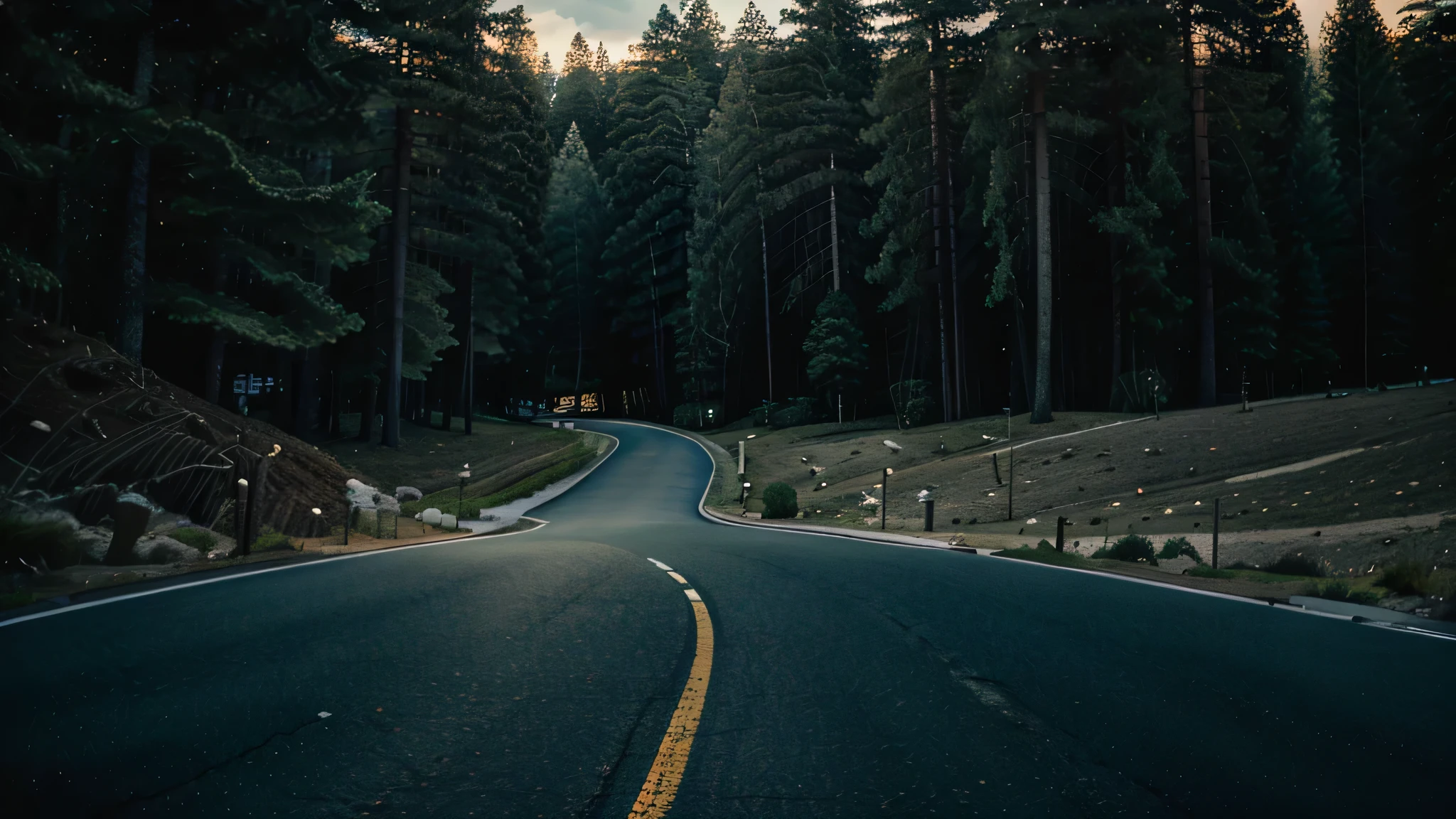 Life often takes us on unexpected journeys, steering us down roads we never even knew existed, photorealistic, dramatic scenery, UHD, Cinematic color grading, deep depth of field  ,Pines on the right and left of the road