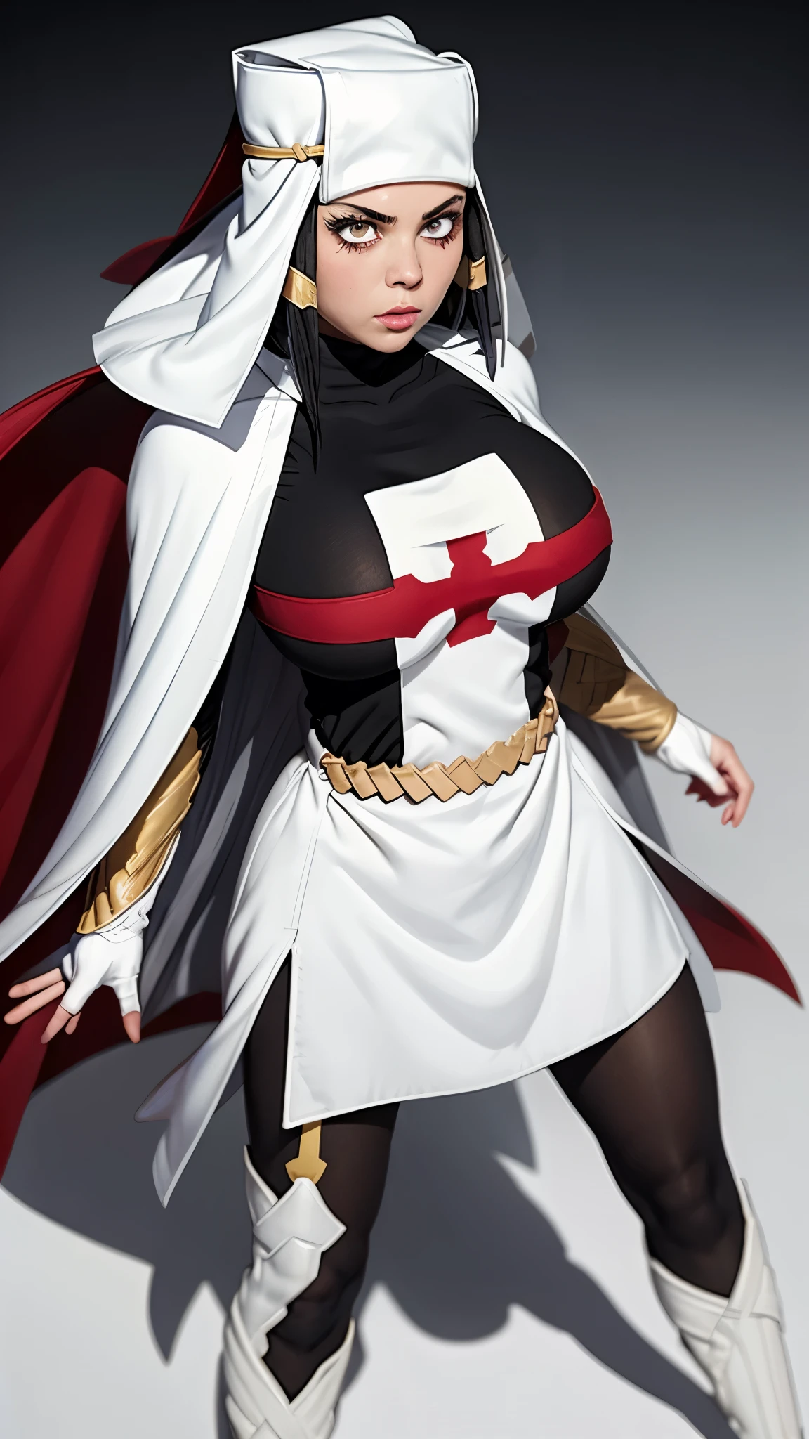 Arrow, Fire Force, masterpiece, best quality,  ffarrow, white headwear, red and white dress, long black sleeves, black pantyhose, fingerless gloves, vambraces, large breasts, white cape, looking at viewer, from above, furrowed brow, gradient background