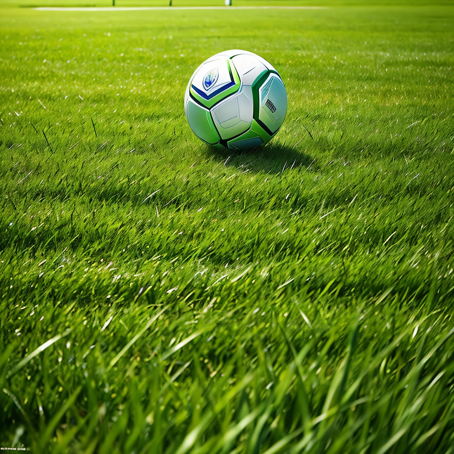 Ultra-realistic, 8K wallpaper, Ball heading towards a goal on the lush, emerald-green grass. The morning sun casts a warm, golden glow on the scene, creating a breathtaking, high-definition tableau. The ball, with its finely detailed surface, bounces gracefully, its smooth, spherical shape contrasting beautifully with the rough, textured blades of grass. The grass itself is highly detailed, each blade rendered in exquisite detail, ripple and sway in the soft breeze. The goalposts, standing tall and sturdy against the backdrop, gleam in the sunlight, their metallic sheen adding a touch of elegance to the