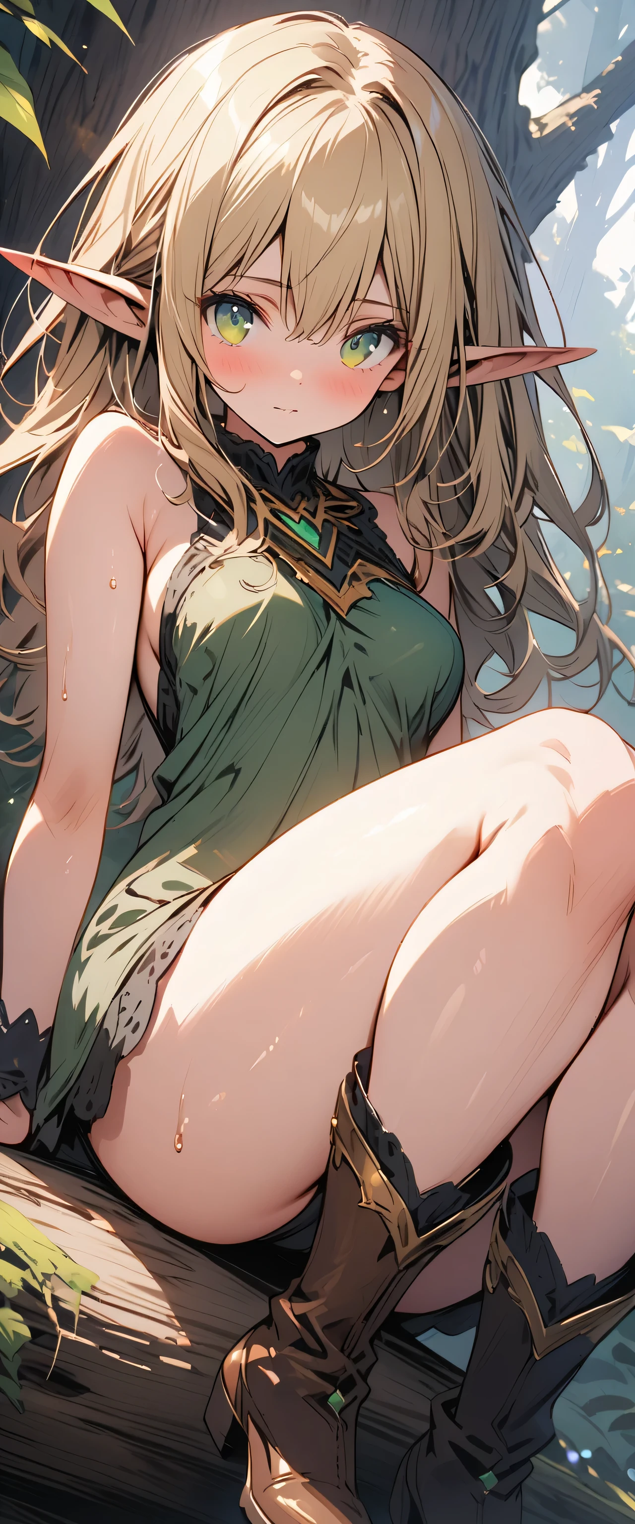 ((masterpiece)), ((best quality)), ((high resolution)), ((Extremely detailed CG unified 8k wallpaper)), ((on a tree branch in the deep forest:1.3)), ((Elven woman cartoon character, Pointed elf ears, wavy blonde hair, green eyes, Bare Skin:1.2)), cowboy shot, skin is wet and shiny, Wearing a flowing minidress and leather armor with gold decorations, Long leather boots, ((tilts head, View from the front:1.2)), ((squat with legs apart)), pregnant