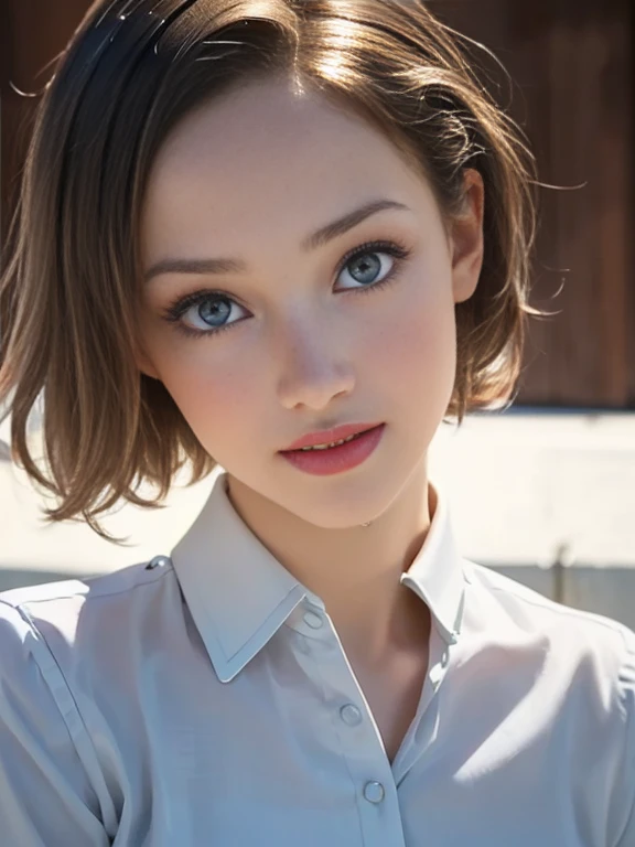 (best quality, 8k, highres, photorealistic:2.0), (solo, one girl:2.0),(photo taken using flash:1.9),(brighten the subject:1.8),(ultimate beautiful girl:2.0),(shiny skin),(oily skin),(blonde hair:1.7),(short hairstyle:1.5),(cool beauty:2.0),Blush brown makeup , dark eye makeup , use pink glossy lipstick,(big beady eyes girl:1.5),(droopy-eyes girl:1.5),(blue eyes:1.5),(thin girl:1.5),( girl),(sex appeal),(sweet smelling girl),(A girl who works part-time at an art museum:1.3),(she works for low wages:1.5),(kind-hearted woman:1.5),(she has a nice smile:1.3),(woman with a happy look:1.3),(she is very sociable),(from a very poor family:1.5),(virgin girl),(She is a secret pervert.),(she covertly lewd),(she looks so erotic),(Preserve virginity for devout Christians),chuuChloe,(A woman with very soft breasts),(woman fantasizing about sex),(allurement),(masturbation enthusiast),(impressive eyes:1.5),(clean girl),(affability),(tight dress shirt),(cute smile)