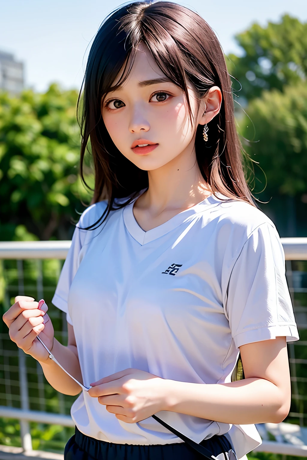 ((masterpiece, best quality)), 1 Girl, solo, Blurred Background, (((Small breasts))), Thighs, (Stripe underwear), T-Shirts,