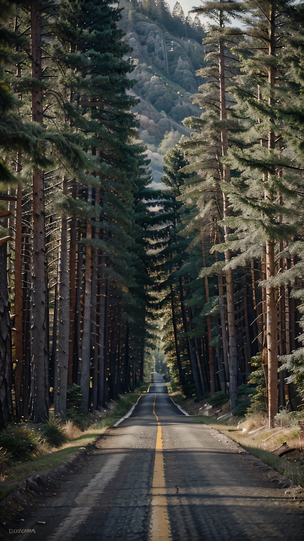 Life often takes us on unexpected journeys, steering us down roads we never even knew existed, photorealistic, dramatic scenery, UHD, Cinematic color grading, deep depth of field  ,Pines on the right and left of the road, the morning sky is foggy 