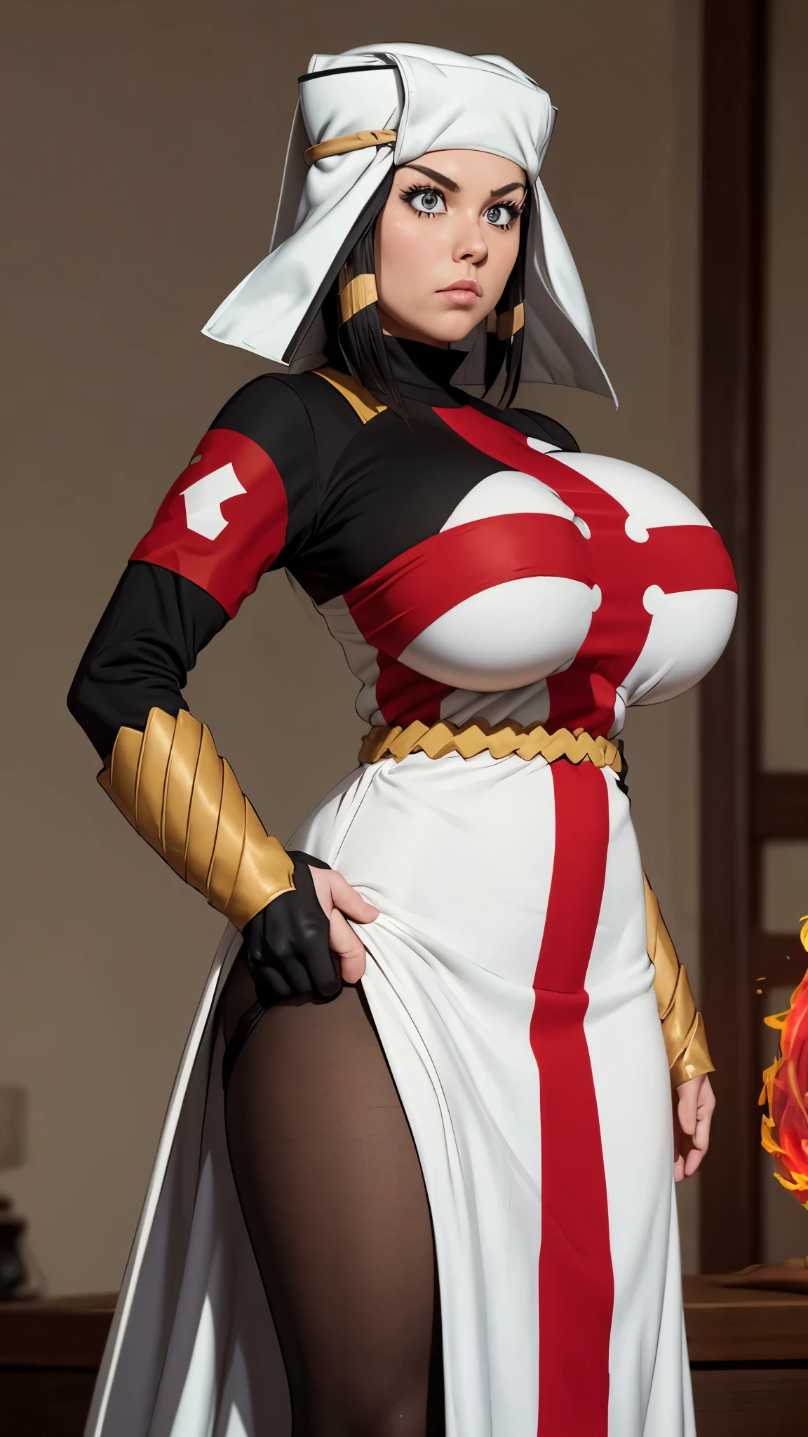 Arrow, Fire Force, masterpiece, best quality,  ffarrow, white headwear, red and white dress, long black sleeves, black pantyhose, fingerless gloves, vambraces, large breasts, cowboy shot, looking at viewer, hands to hips, serious