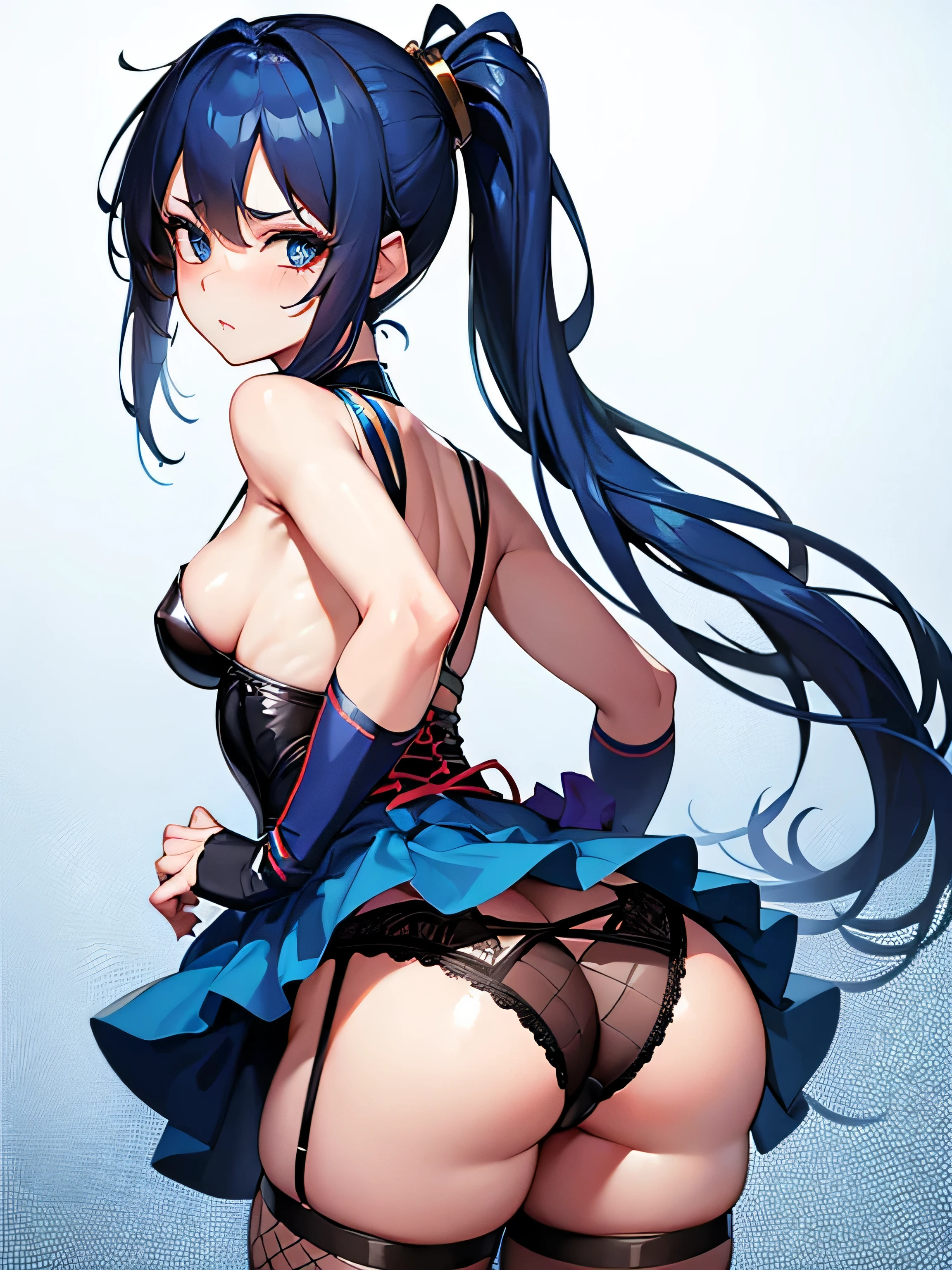 (masterpiece), best quality, expressive eyes, perfect face 1 hot anime girl, BLUE ponytail hair with skirt, Fishnet Sexy Garter Belt, big chest, nice ass, 8k