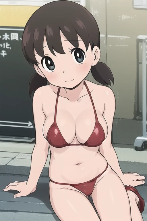 (anime cels style, masterpiece, best quality, high resolution, megami magazine, anime poster style, sharp, 8k), (beautiful eyes:1.2), shizuka minamoto, 1girl, black hair, black eyes, low twin braids, closed mouth, blush, (large breast), (red bikini), upper body, sitting, (perfect detailed anatomy, beautiful face, perfect body, perfect arms, shiny skin), sunshine, bluesky