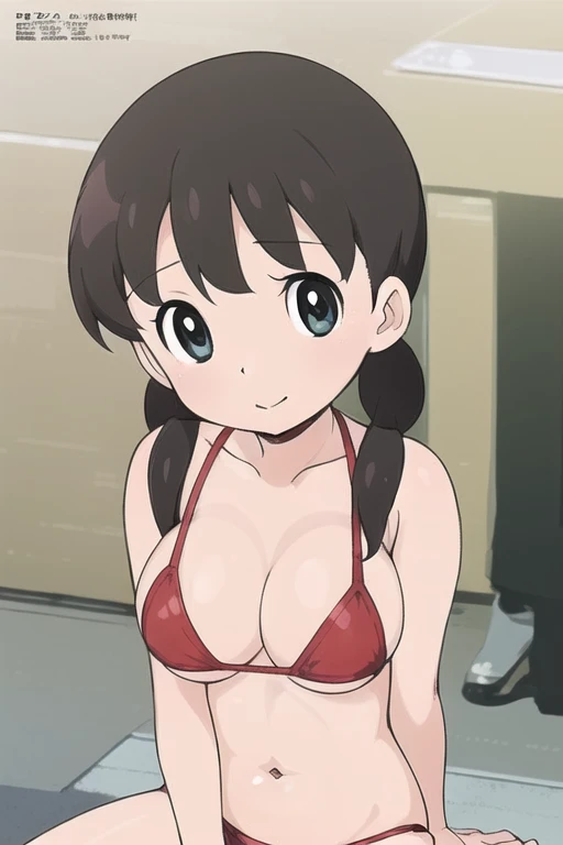 (anime cels style, masterpiece, best quality, high resolution, megami magazine, anime poster style, sharp, 8k), (beautiful eyes:1.2), shizuka minamoto, 1girl, black hair, black eyes, low twin braids, closed mouth, blush, (large breast), (red bikini), upper body, sitting, (perfect detailed anatomy, beautiful face, perfect body, perfect arms, shiny skin), sunshine, bluesky