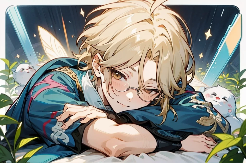 (masterpiece, hd, Ultra hd, 4k), Yanqing, Star Dome Railway, bright blonde hair, 1 boy, fairy style, Anime-style illustration of a man in a shirt sleeping in bed, anime handsome man, Anime portrait of a handsome man, handsome anime pose, anime youth, male anime style, with glasses on, delicate and androgynous prince, beautiful androgynous prince
