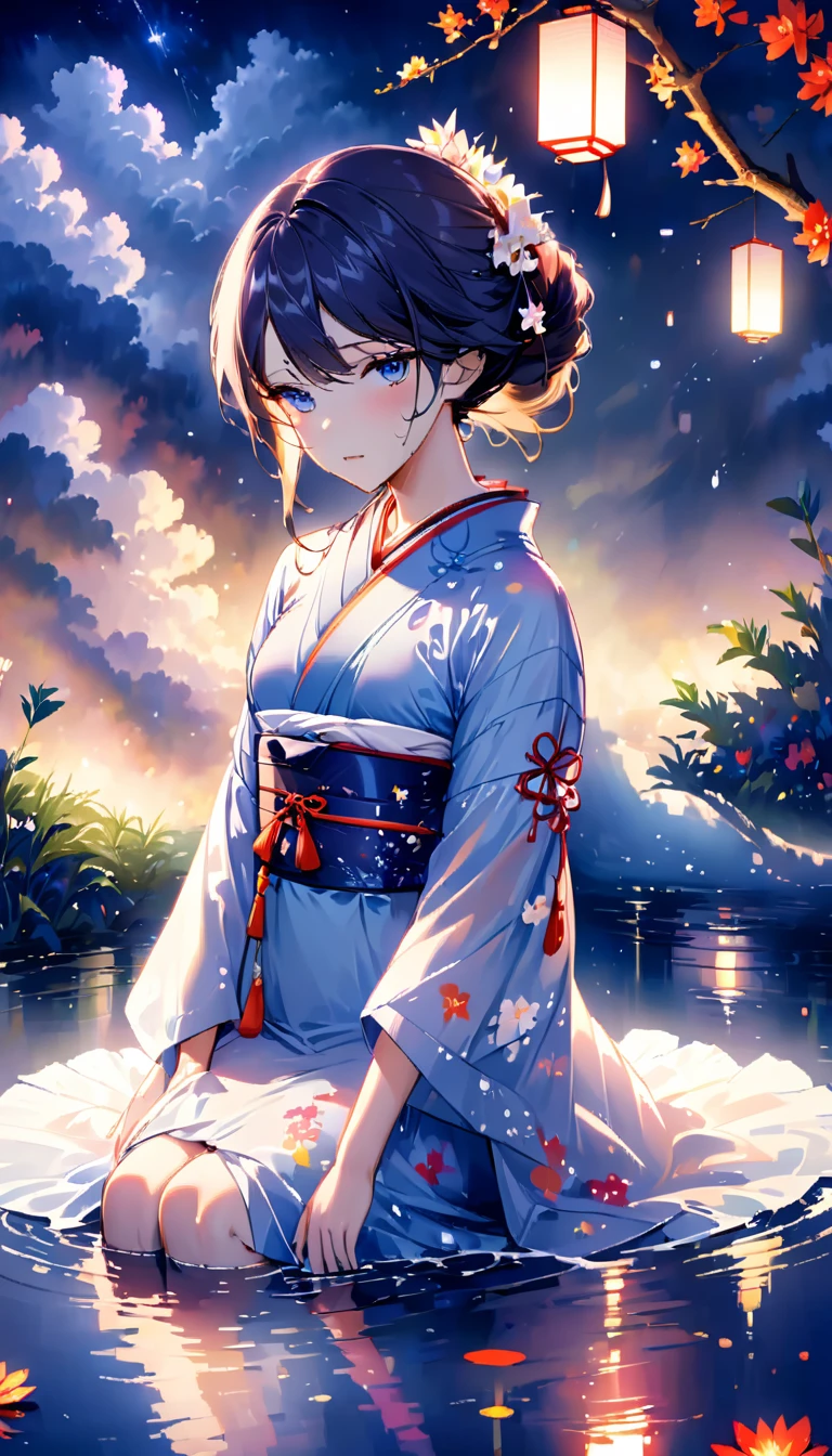 beautiful woman,Full body soaked in water,8head and body,Japanese clothing,night,月night,The clouds are rainbow-colored,Fine stars,wet skin,sexy,Sadness,glossy,Sit on the water,water splash on background,water dripping,The kimono is transparent,Eye color is indigo,take your eyes off,firefly light,A lantern floating on the water