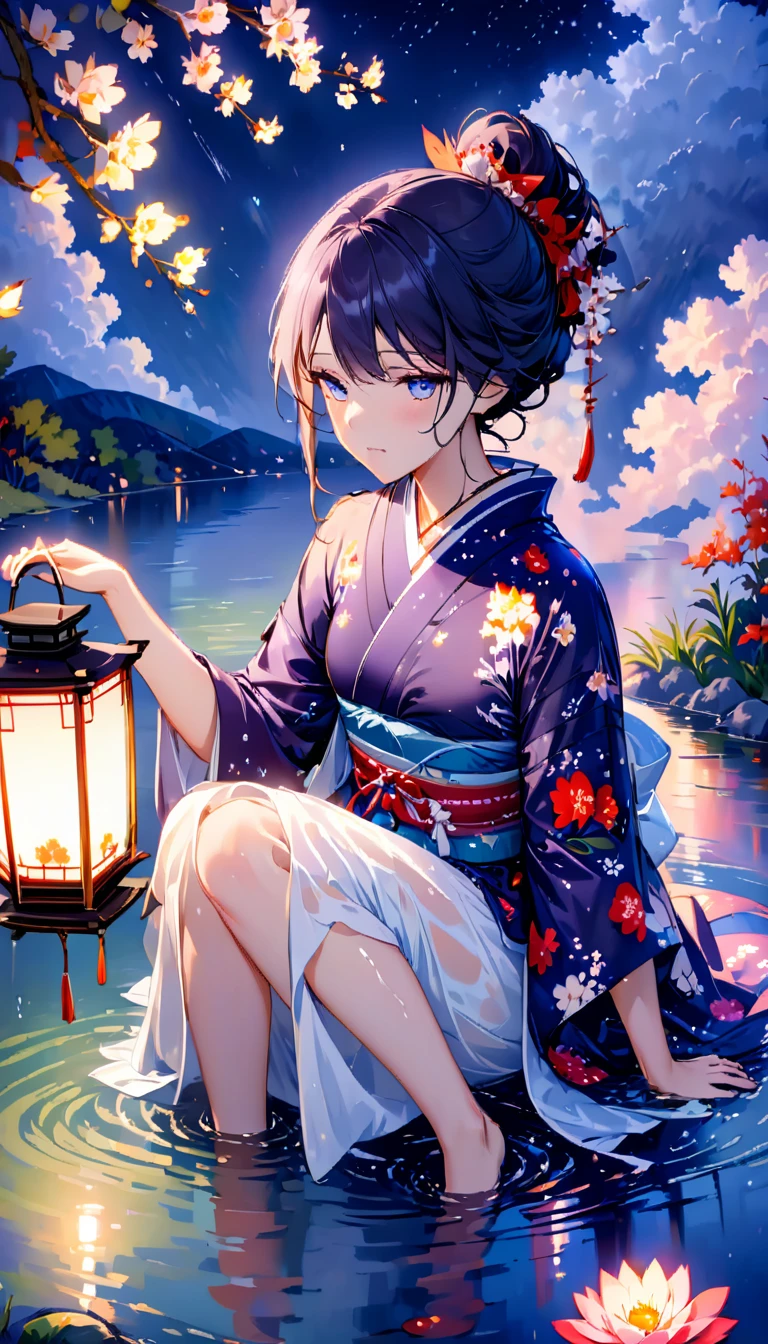 beautiful woman，Full body soaked in water，８head and body，Japanese clothing，night，月night，The clouds are rainbow-colored，Fine stars，wet skin，sexy，Sadness，glossy，Sit on the water，water splash on background，water dripping，The kimono is transparent，Eye color is indigo，take your eyes off，firefly light，A lantern floating on the water