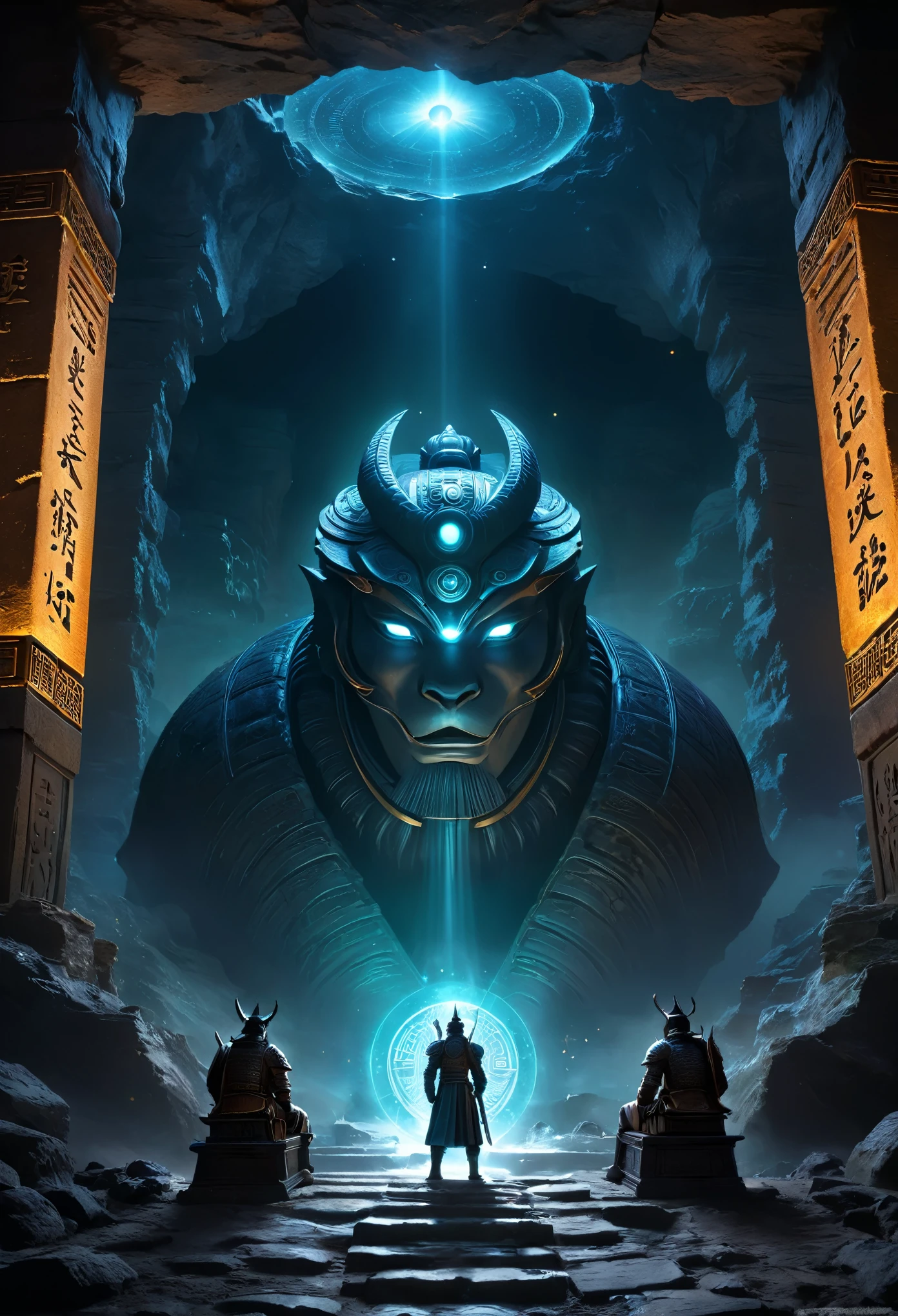 A wonderful underground cave, Alien civilization ruins, a mysterious tomb, Metal coffin, a treasure, Sparkling gold coins, Terracotta Warriors and Horses, Antiquities, cultural relics, alien hieroglyphics, future technology, 诡异的magic力量, unknown cosmic energy, eye of control, Scan grid, epic, grand, octane rendering, Enhanced, complex, ((dark)),epic,8K,fantasy,Super detailed,magic, cast spell,black hole,threaten,H,abyssal,magic Circle,excess energy,science fiction,abyssaltech,dark energy,ethereal,solution,perspective,abyss,Anti-Technology,science fiction,Pure Energy, (masterpiece, flagship artwork, official art, professional, unified 8k wallpaper:1.3), Super detailed, (actual, photoactual, photo-actual:1.37), high dynamic range, ultra high definition, studio lighting, Ultra-fine coating, sharp focus, Physically based rendering, professional, bright colors, Bokeh.