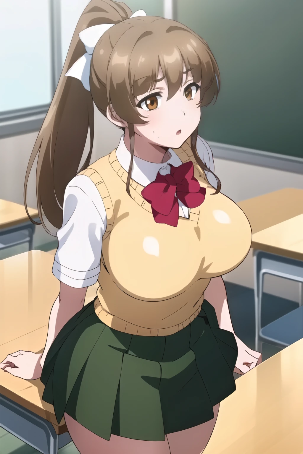 (day:1.7), Japan, Tokyo, CityView, Before Window, a classroom with desks,chalkboard, classroom, desk, indoors,school desk, school chair,
Standing at attention,
, red bowtie,Yellow_Vest,white shirt,collared shirt,brown pleated skirt, 
brown hair,brown eyes,white bow,ponytail,
1 girl, 18yo,Young female,Beautiful Finger,Beautiful long legs,Beautiful body,Beautiful Nose,Beautiful character design, perfect eyes, perfect face,
looking at viewer, in the center of the image,
NSFW,official art,extremely detailed CG unity 8k wallpaper, perfect lighting,Colorful, Bright_Front_face_Lighting,
(masterpiece:1.0),(best_quality:1.0), ultra high res,4K,ultra-detailed,
photography, 8K, HDR, highres, absurdres:1.2, Kodak portra 400, film grain, blurry background, bokeh:1.2, lens flare, (vibrant_color:1.2)
(Beautiful,large_Breasts:1.4), (beautiful_face:1.5),(narrow_waist), big ass, thick thighs, showing butt, exposed ass, wide hips,