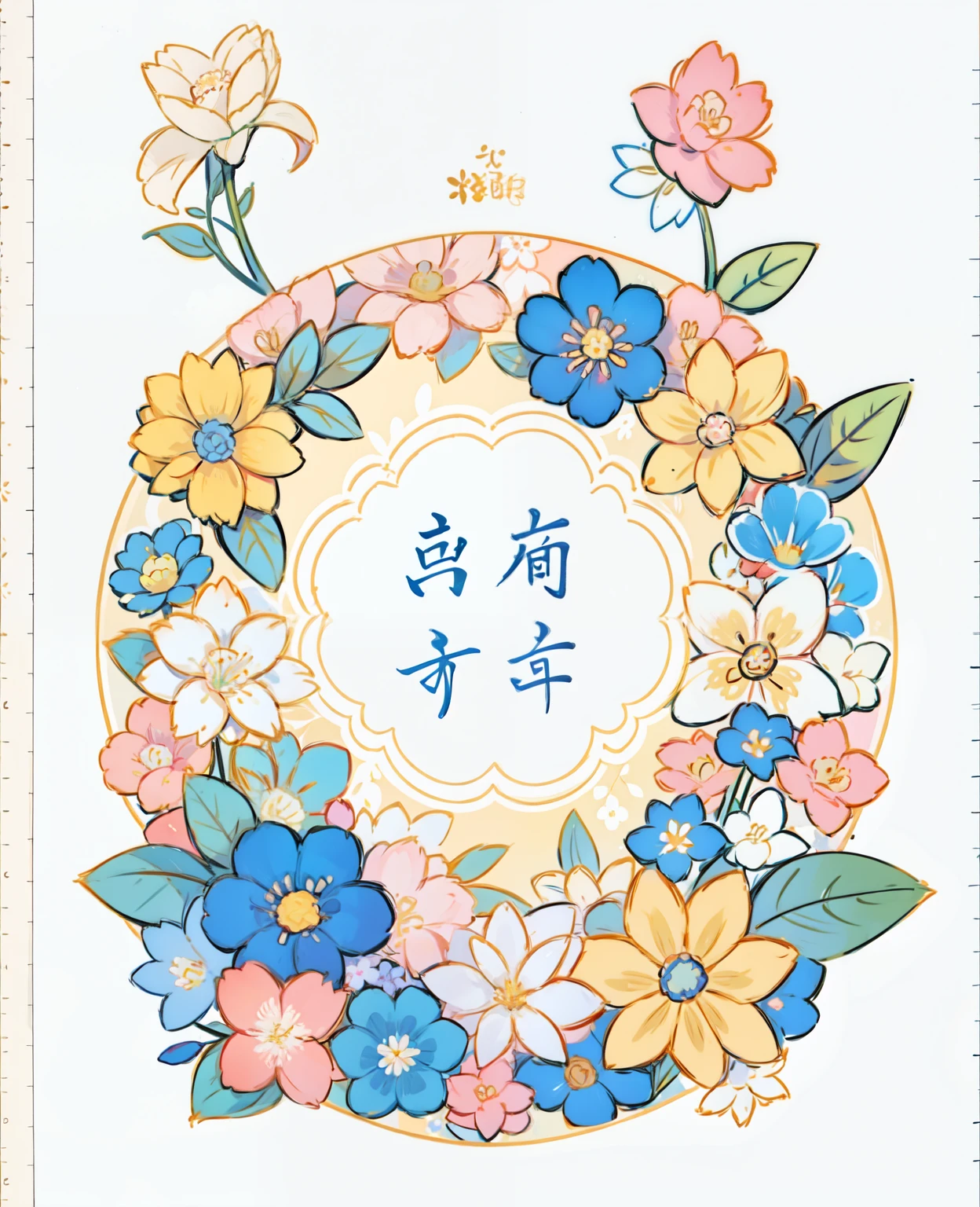 Floral poster with different flowers, bright colors, Japanese lettering, On a white background