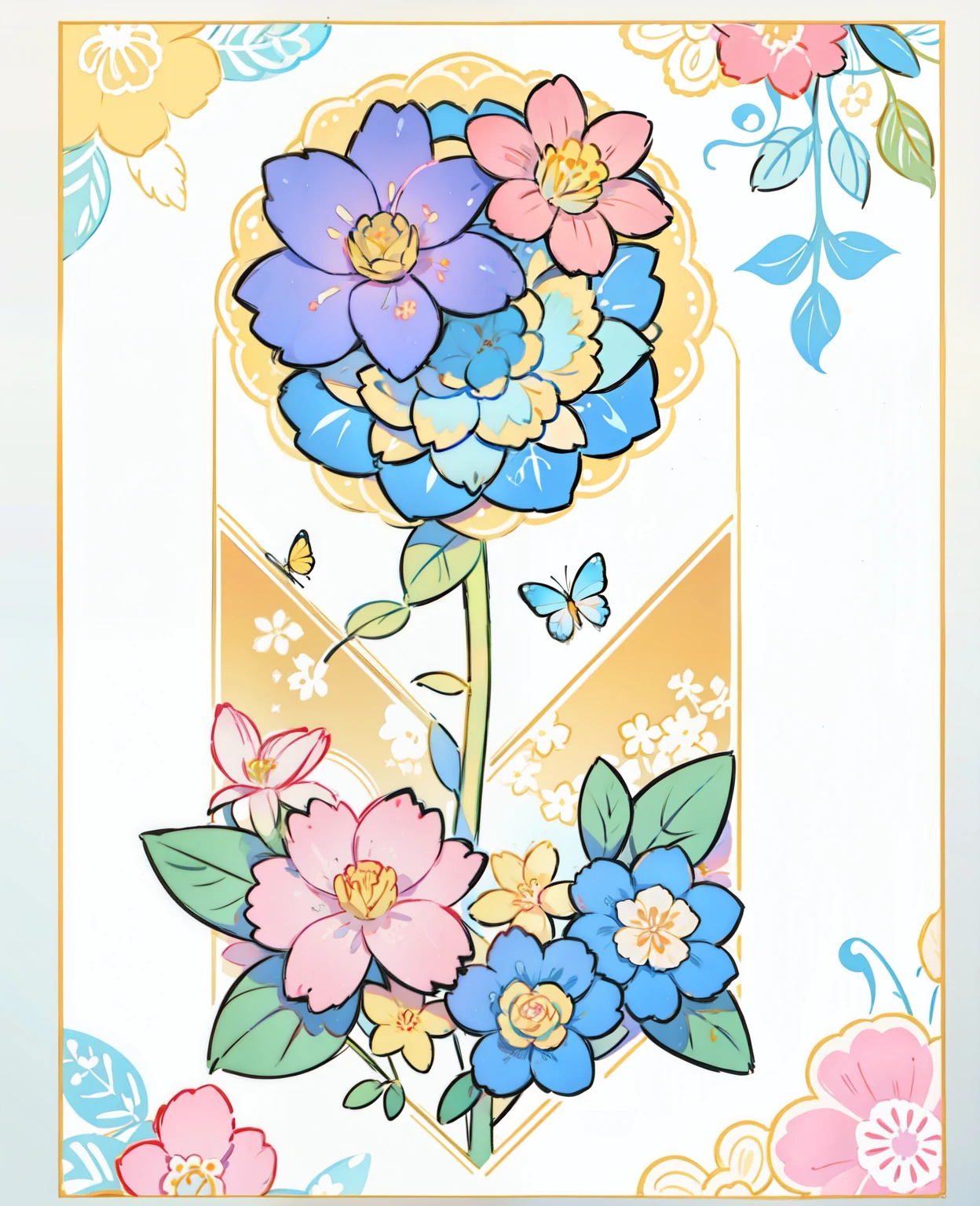 Floral poster with different flowers, bright colors, Japanese lettering, On a white background