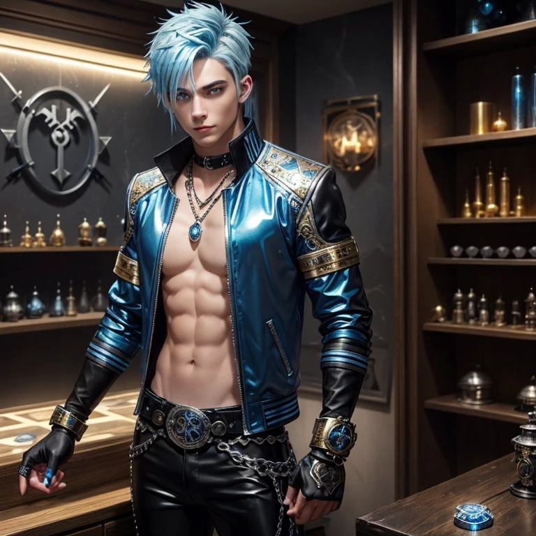 ((Mejor calidad)), ((Obra maestra)), 8K (detallado), ((cara perfecta)), ((Medio cuerpo)) perfect proporcions, el es un demonio guapo, he is 18 years old, tiene orejas puntiagudas, el tiene el pelo largo y azul, pelo ondulado, he wears tight leather clothing, sexy gothic clothing has tattoos on her arms, el tiene el pecho desnudo, el tiene pantalones ajustados, el posa sensualmente, tiene orejas de leon ((cara perfecta))