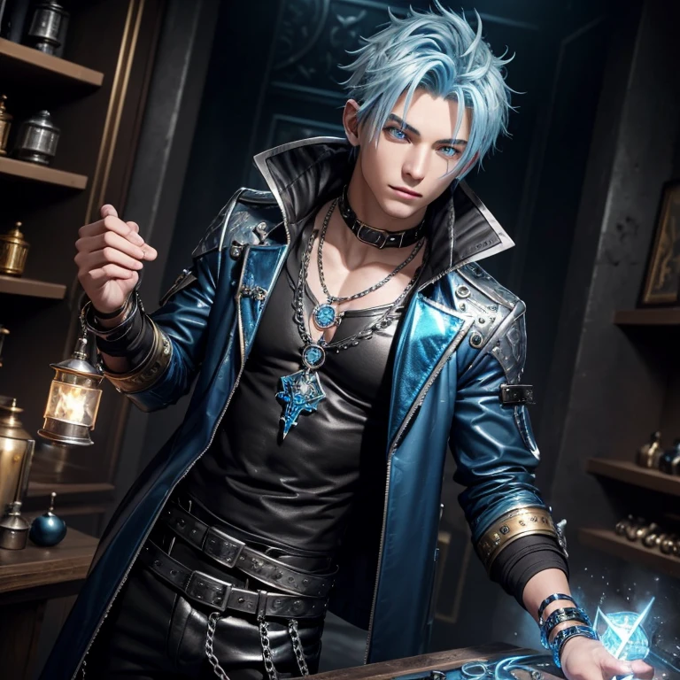 20 year old boy with silver and blue hair. Steampunk silver jacket with gold edges black bracelet with runes silver belt with silver runes with blue gems black latex pants blue t-shirt slim muscular build with black fingerless gloves holding a floating gem with runes looking straight at the viewer in a shop potions
