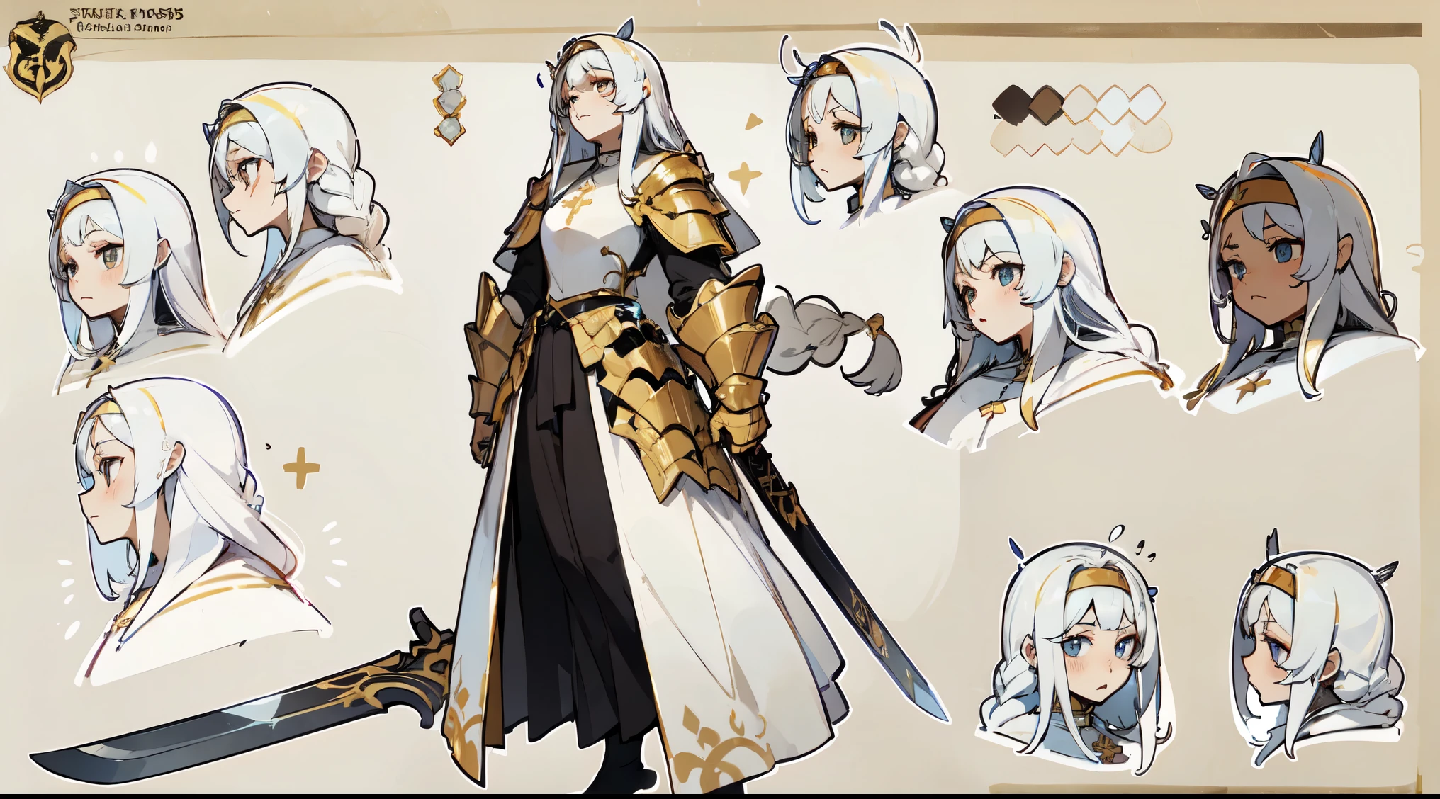 pious pope，sacrifices，Sacred costumes，lewd nun，crosses, golden, (tmasterpiece), Best quality at best,Golden armor，Slim armor shape，Holding a long sword， Expressive eyes,    s the perfect face, (character sheets:1),character  design，Conceptual role，（The whole body  from head to toe）, Long white hair, Braided hair