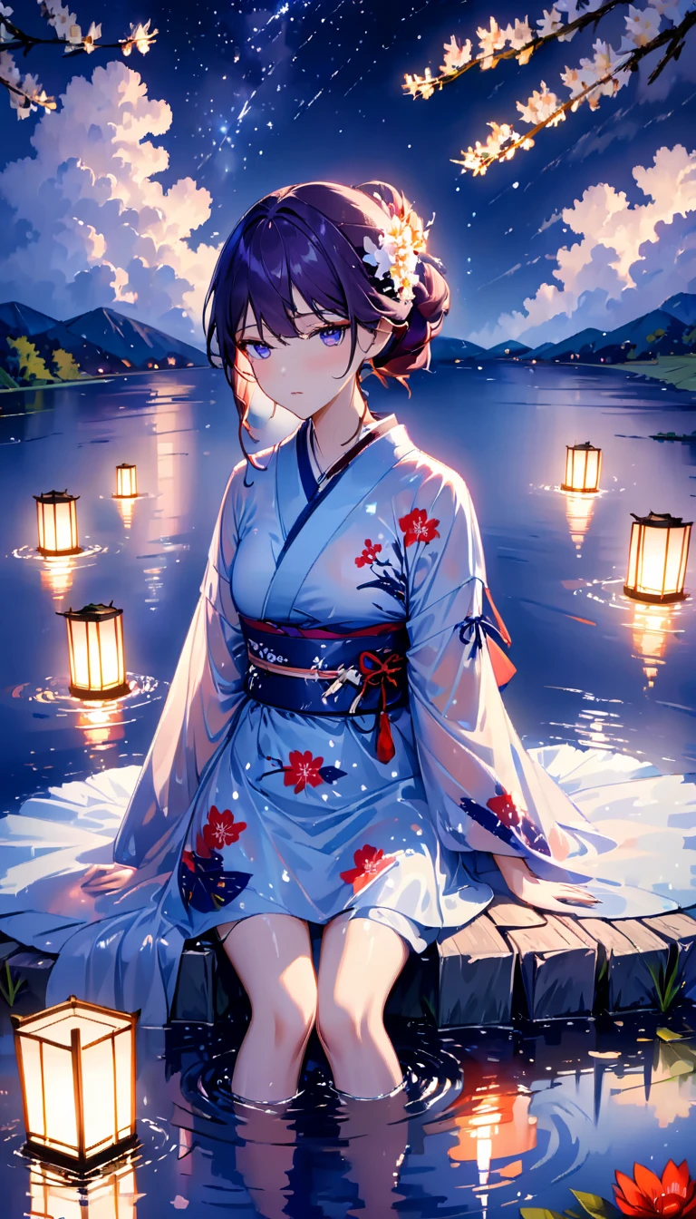beautiful woman,Full body soaked in water,8head and body,Japanese clothing,night,月night,Clouds purple and blue,Fine starry sky,wet skin,sexy,Sadness,glossy,Sit on the water,water splash on background,water dripping,The kimono is transparent,Eye color is indigo,take your eyes off,firefly light,A lantern floating on the water,Lights scattered in the background