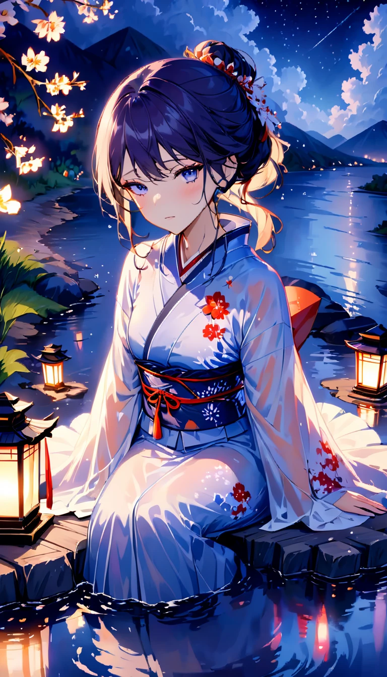 beautiful woman,Full body soaked in water,8head and body,Japanese clothing,night,月night,Clouds purple and blue,Fine starry sky,wet skin,sexy,Sadness,glossy,Sit on the water,water splash on background,water dripping,The kimono is transparent,Eye color is indigo,take your eyes off,firefly light,A lantern floating on the water,Lights scattered in the background