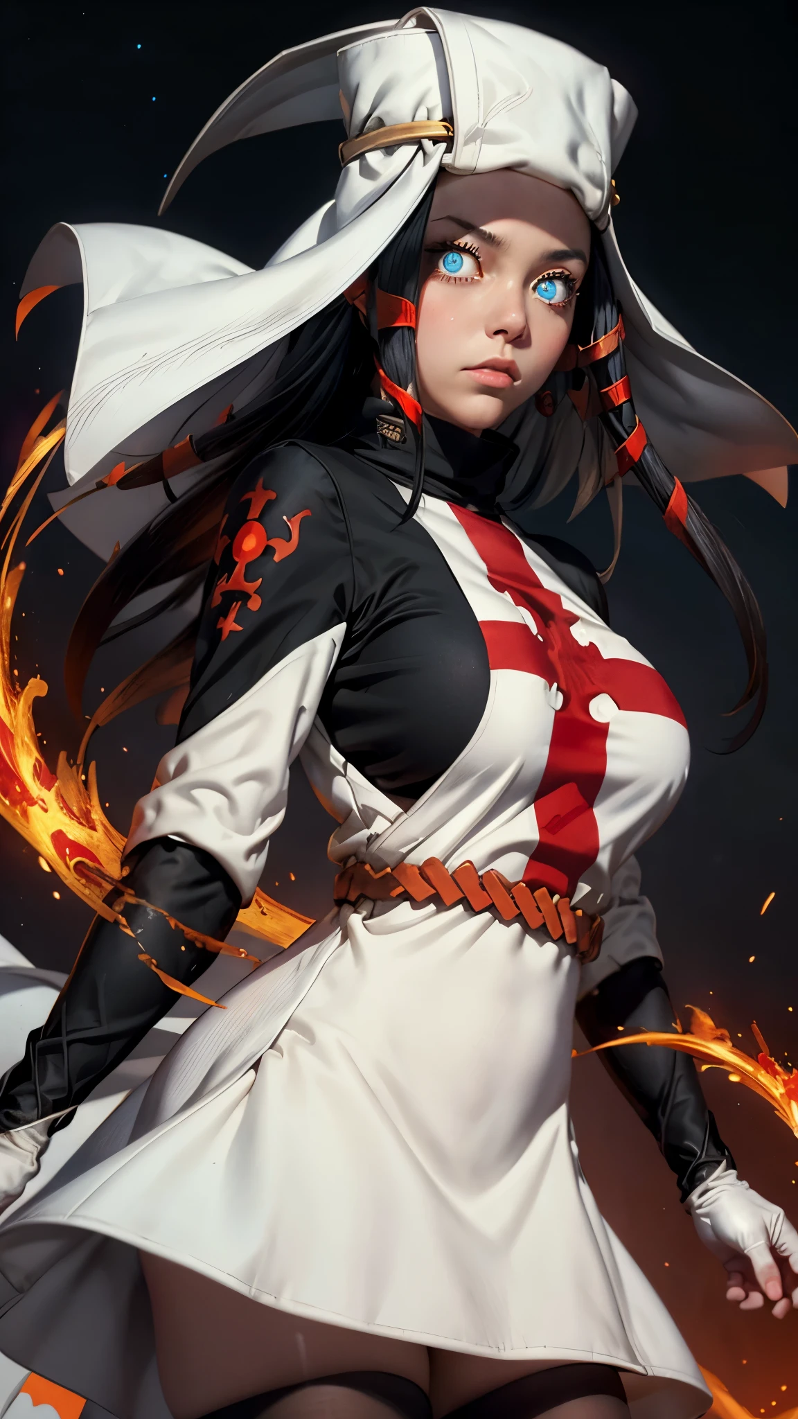 Arrow, Fire Force, masterpiece, best quality,  ffarrow, symbol-shaped pupils, white headwear, red and white dress, long black sleeves, black pantyhose, fingerless gloves, vambraces, large breasts, cowboy shot, from below, night sky, glowing eyes