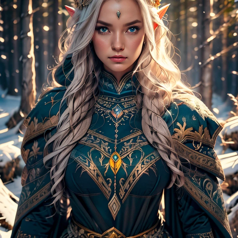 Wearing an ice crown、Woman wearing navy blue winter cloak with gold details and cleavage, snowflake brooch. long black hair. Winter queen, elf princess, portrait of uma elf queen, elf queen, winter princess, uma elf queen, type germ em artstation pixiv, beauty and elegant elf queen, whole body. standing in the snow,In front of you is a huge ice castle. rpg character. medieval era. elf woman. Red-haired elves. blue eyes. Forest Elves. Forest Elves Warrior. Elf Archer. Medieval archers. archery. Organic Amadurlah. Moss green armor. soft lighting. Standing in the middle of the forest. Dense forest. bioluminescent mushrooms. fantastic environment. sunlight. sunshine. Warm highlights. Blue and yellow-green color palette. Role playing game character design. IG Model | type germ, :: Ross Drawing, The artwork is not guweiz's style, extremamente detalhada type germ. whole body, Castle detailed background, Super detailed, Detailed face, Sincere POV photos, Park Lee Jeffries, Nikon D850, movie stock photography ,4 ending portra 400, F1 camera lens.6, colorful, Surreal, Realistic texture, dramatic lighting, film alembic 800 (8K, original photo, better quality, masterpiece: 1.2), Super detailed, (highly refined skin: 1.2), 8K UHD, DSLR camera, soft lighting, high quality.IG Model | type germ, :: Ross Drawing, The artwork is not guweiz's style, extremly detailed type germ. whole body, Castle detailed background, Super detailed, Detailed face, Sincere POV photos, Park Lee Jeffries, Nikon D850, movie stock photography ,4 ending portra 400, F1 camera lens.6, colorful, Surreal, Realistic texture, dramatic lighting, film alembic 800