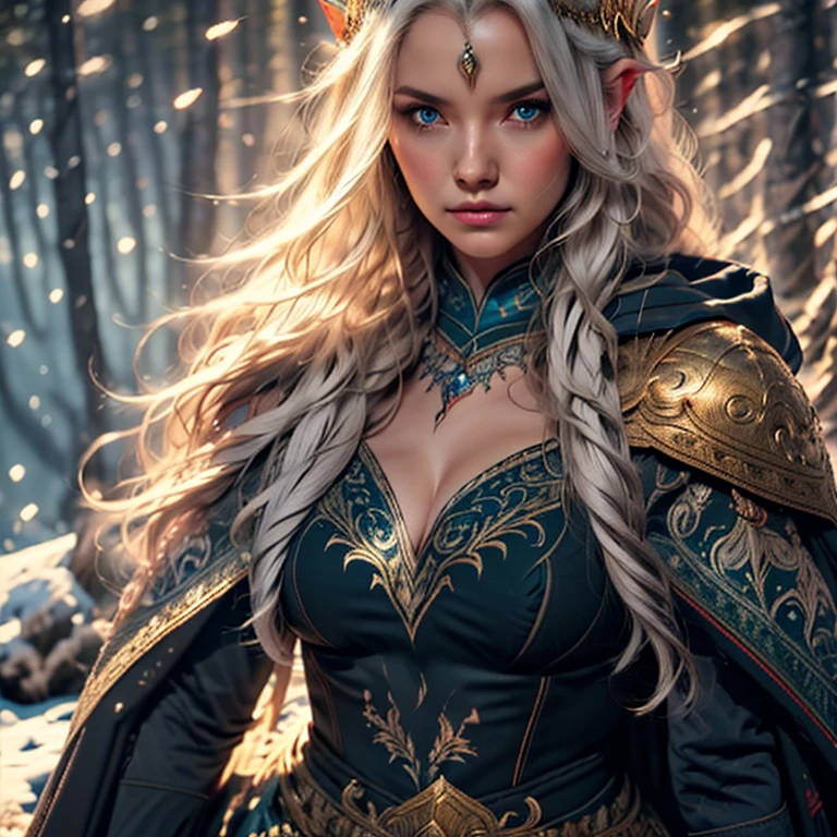 Wearing an ice crown、Woman wearing navy blue winter cloak with gold details and cleavage, snowflake brooch. long black hair. Winter queen, elf princess, portrait of uma elf queen, elf queen, winter princess, uma elf queen, type germ em artstation pixiv, beauty and elegant elf queen, whole body. standing in the snow,In front of you is a huge ice castle. rpg character. medieval era. elf woman. Red-haired elves. blue eyes. Forest Elves. Forest Elves Warrior. Elf Archer. Medieval archers. archery. Organic Amadurlah. Moss green armor. soft lighting. Standing in the middle of the forest. Dense forest. bioluminescent mushrooms. fantastic environment. sunlight. sunshine. Warm highlights. Blue and yellow-green color palette. Role playing game character design. IG Model | type germ, :: Ross Drawing, The artwork is not guweiz's style, extremamente detalhada type germ. whole body, Castle detailed background, Super detailed, Detailed face, Sincere POV photos, Park Lee Jeffries, Nikon D850, movie stock photography ,4 ending portra 400, F1 camera lens.6, colorful, Surreal, Realistic texture, dramatic lighting, film alembic 800 (8K, original photo, better quality, masterpiece: 1.2), Super detailed, (highly refined skin: 1.2), 8K UHD, DSLR camera, soft lighting, high quality.IG Model | type germ, :: Ross Drawing, The artwork is not guweiz's style, extremly detailed type germ. whole body, Castle detailed background, Super detailed, Detailed face, Sincere POV photos, Park Lee Jeffries, Nikon D850, movie stock photography ,4 ending portra 400, F1 camera lens.6, colorful, Surreal, Realistic texture, dramatic lighting, film alembic 800