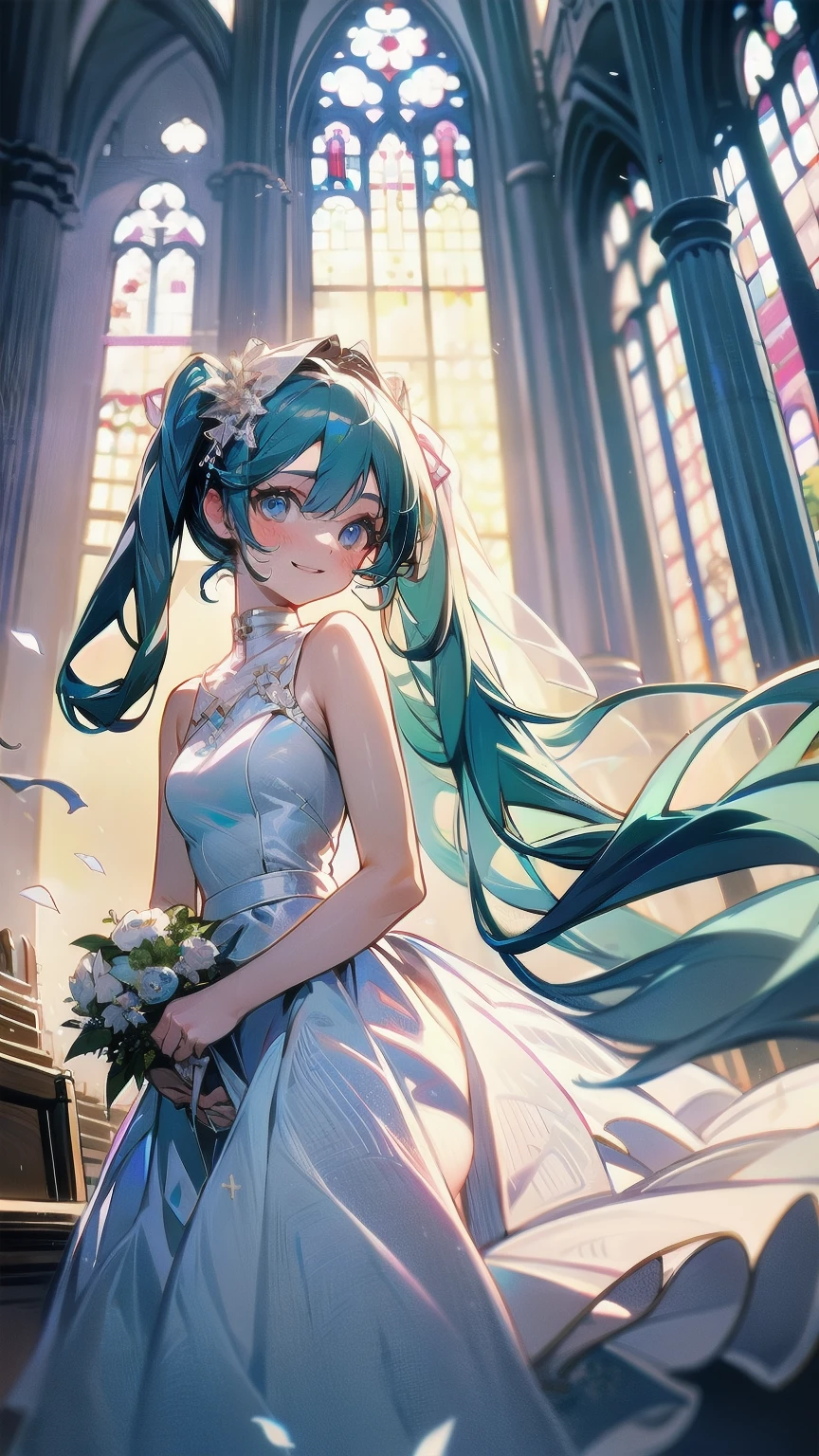 hatsune Miku, billowing wedding dress, serene smile, church
