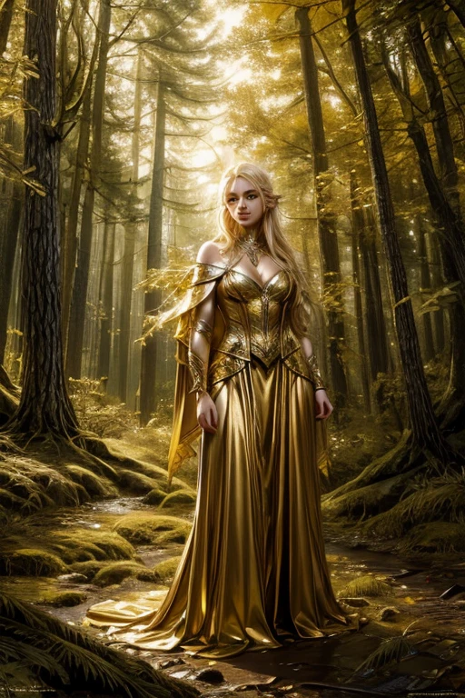 a blond elven woman in a gold costume is posing in the woods, detailed fantasy art, amazing fantasy art, hyperrealistic fantasy art