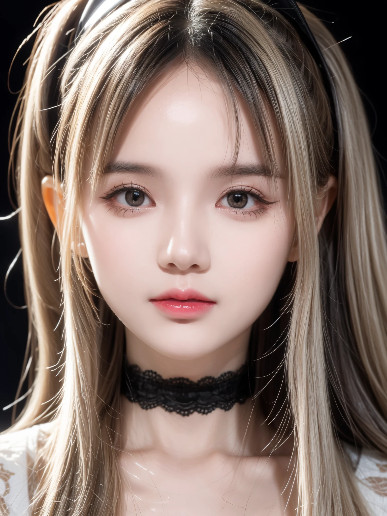 mksks style, 1girl, cute, surrounded by yellow lighting, gold eyes, white hair, black background, closeup, no smile, masterpiece, ultra detailed