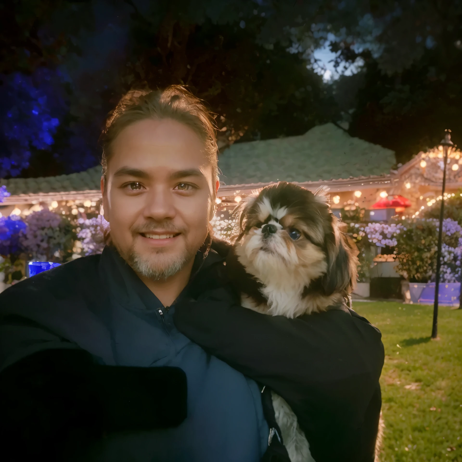 Create an ultra-detailed, best quality, high-resolution masterpiece depicting an umbral elemental with an inhumanoid figure seeping with blue energy perfect shadows, high quality shading, photorealistic, and holding a 4 shih tzu puppy, standing in from of a neighborhood in san Francisco on a sunny day