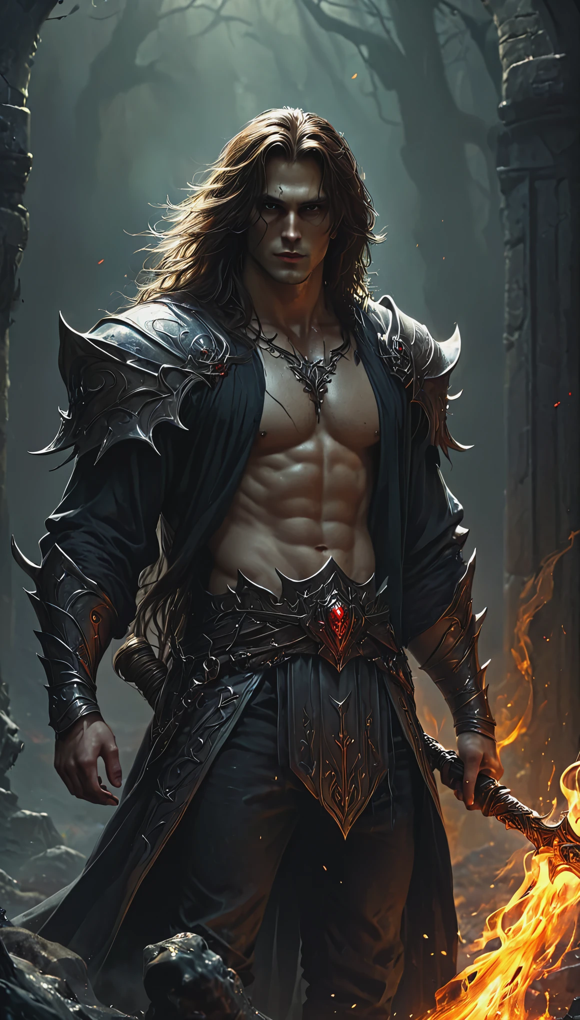 (8k,photorrealistic RAW photograph Maximum quality;1.4) (1 demon Salvatore) Super handsome king of the underworld (lifelike face) (Bblack hair, shorth hair ) slenderbody Muscular and macho large blue eyes Black aristocratic attire Rainbow decoration Fangs peeking out of the mouth Pointed claws a seductive gaze Beautiful expression A hyper-realistic (King of the Underworld) appealing (real looking skin) super high resolution high détail Metallic black luxury pants Rainbow aura emanating from the body effect black metallic cover