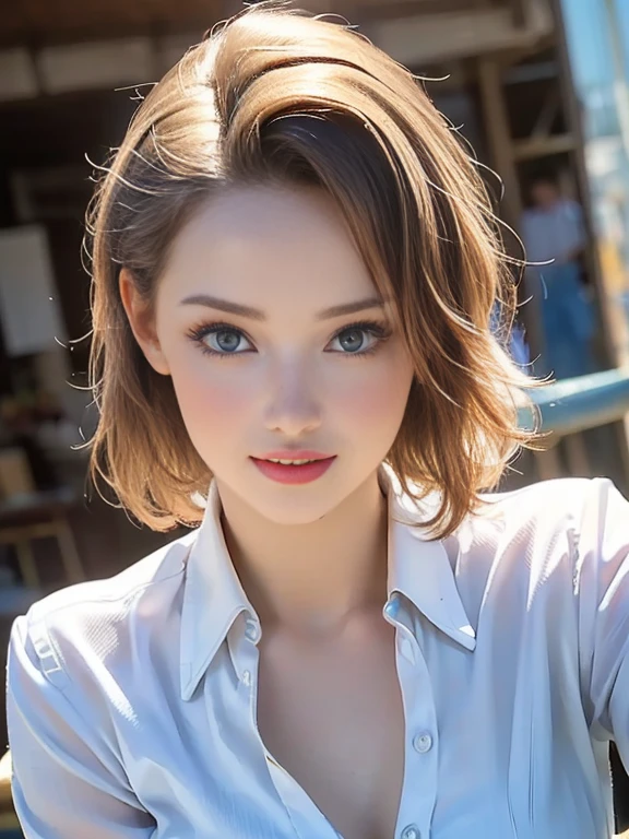 (best quality, 8k, highres, photorealistic:2.0), (solo, one girl:2.0),(photo taken using flash:1.9),(brighten the subject:1.8),(ultimate beautiful girl:2.0),(shiny skin),(oily skin),(blonde hair:1.7),(short hairstyle:1.5),(cool beauty:2.0),Blush brown makeup , dark eye makeup , use pink glossy lipstick,(big beady eyes girl:1.5),(droopy-eyes girl:1.5),(blue eyes:1.5),(thin girl:1.5),(baby face girl),(sex appeal),(sweet smelling girl),(A girl who works part-time at an art museum:1.3),(she works for low wages:1.5),(kind-hearted woman:1.5),(she has a nice smile:1.3),(woman with a happy look:1.3),(she is very sociable),(from a very poor family:1.5),(virgin girl),(She is a secret pervert.),(she covertly lewd),(she looks so erotic),(Preserve virginity for devout Christians),chuuChloe,(A woman with very soft breasts),(woman fantasizing about sex),(allurement),(masturbation enthusiast:1.5),(impressive eyes:1.5),(clean girl),(affability),(tight dress shirt),(cute smile),(duck face:1.5)