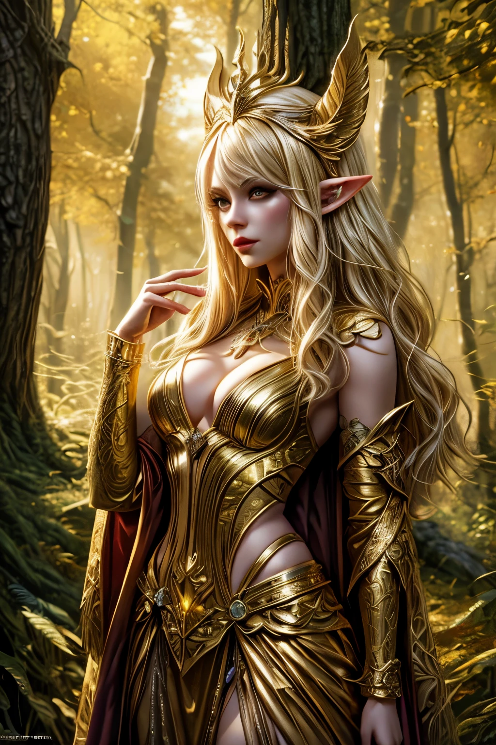 a blond elven woman in a gold costume is posing in the woods, detailed fantasy art, amazing fantasy art, hyperrealistic fantasy art