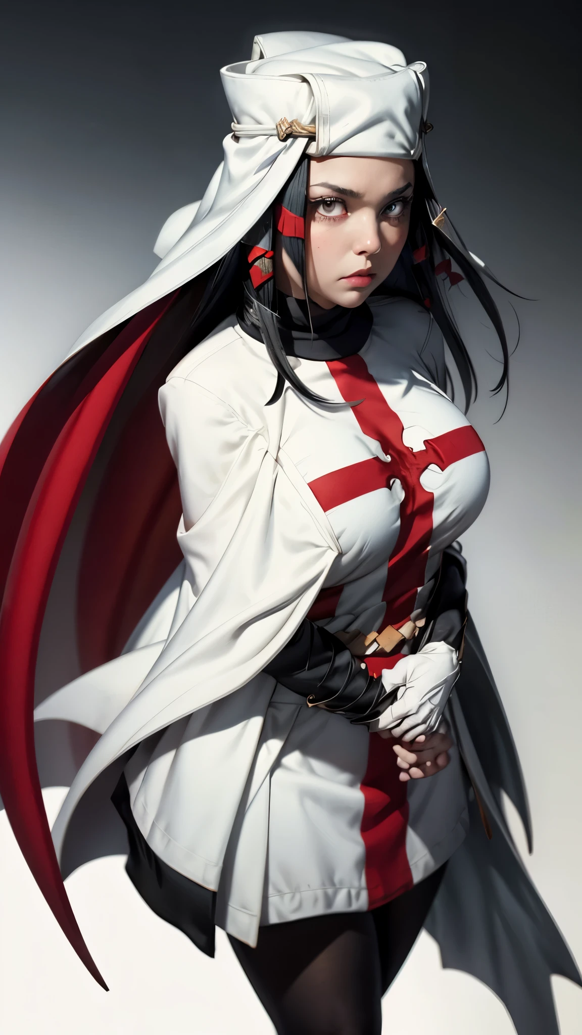 Arrow, Fire Force, masterpiece, best quality,  ffarrow, white headwear, red and white dress, long black sleeves, black pantyhose, fingerless gloves, vambraces, large breasts, white cape, looking at viewer, from above, furrowed brow, gradient background