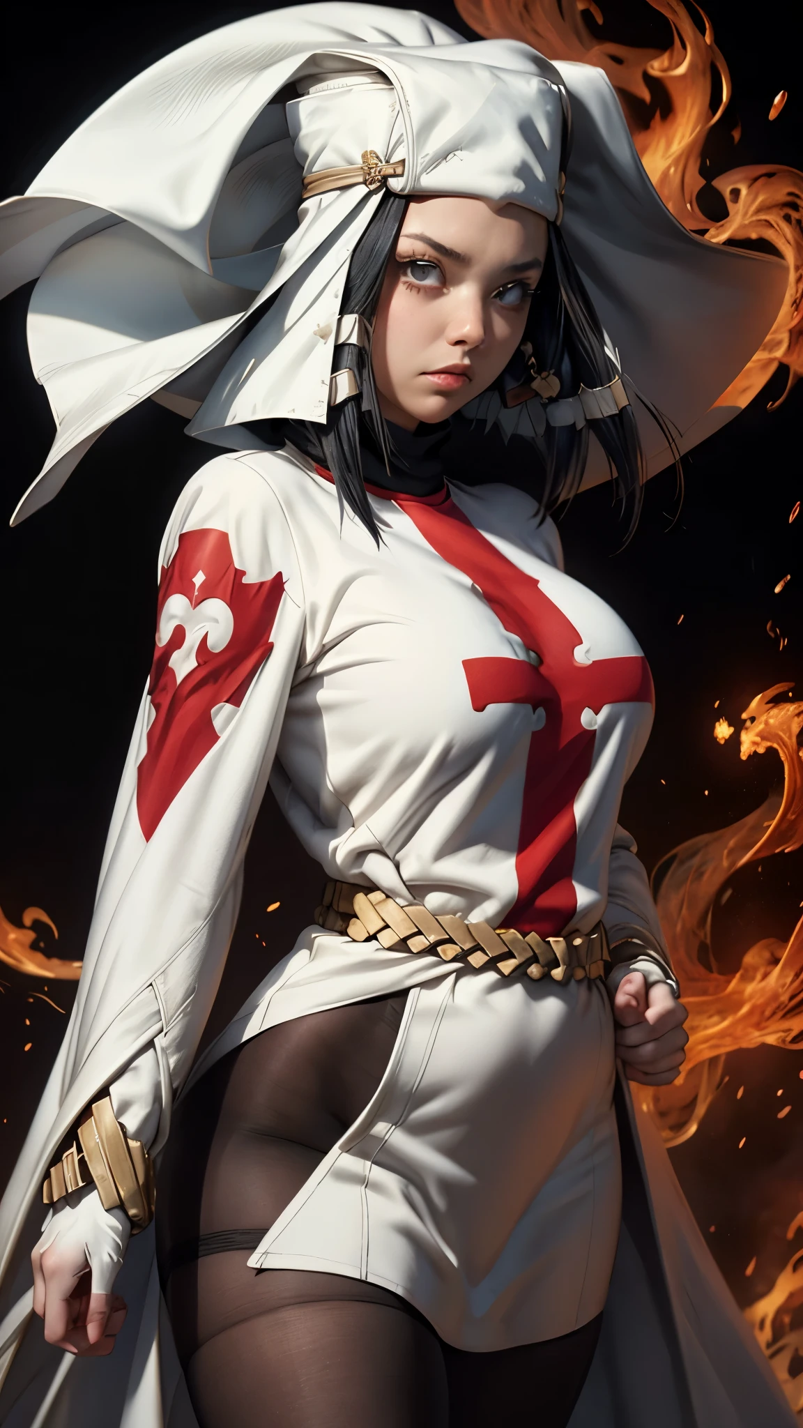 Arrow, Fire Force, masterpiece, best quality,  ffarrow, white headwear, red and white dress, long black sleeves, black pantyhose, fingerless gloves, vambraces, large breasts, cowboy shot, looking at viewer, hands to hips, serious