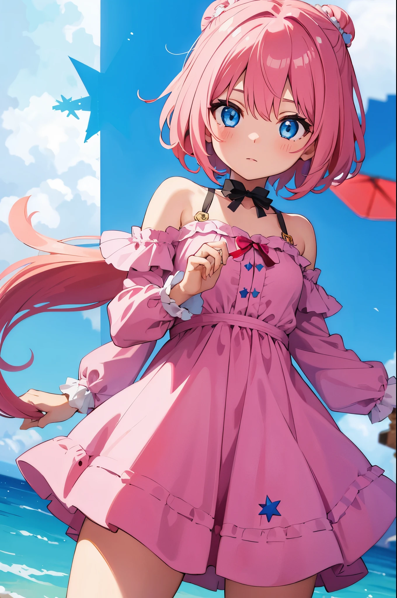 1 girl pink hair Star dress or blue stars eyes