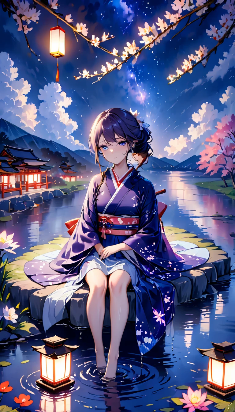 beautiful woman,Full body soaked in water,8head and body,Japanese clothing,night,月night,Clouds purple and blue,Fine starry sky,wet skin,sexy,Sadness,glossy,Sit on the water,water splash on background,water dripping,The kimono is transparent,Eye color is indigo,take your eyes off,firefly light,A lantern floating on the water,Lights scattered in the background,Shrine in the background