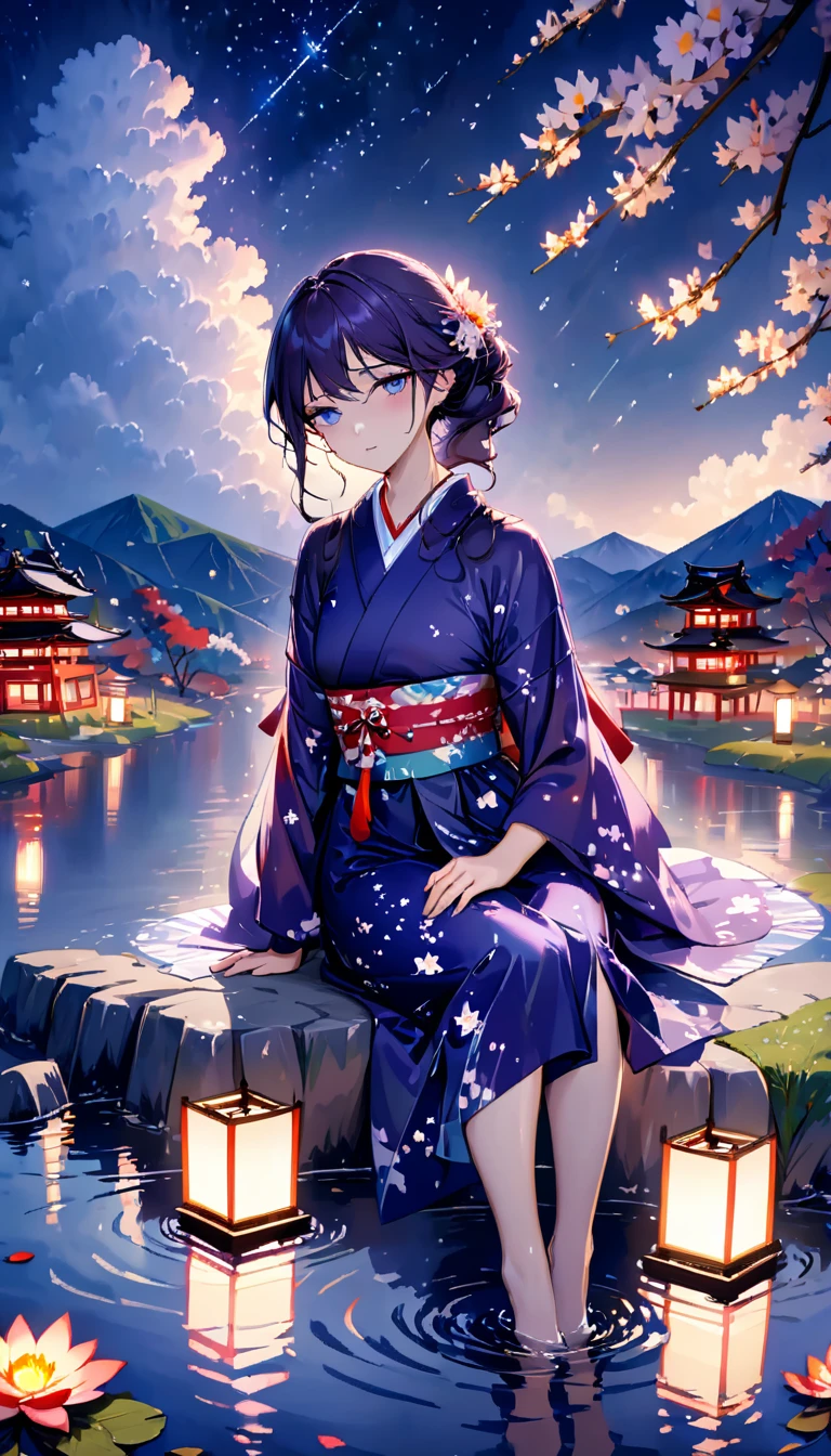 beautiful woman,Full body soaked in water,8head and body,Japanese clothing,night,月night,Clouds purple and blue,Fine starry sky,wet skin,sexy,Sadness,glossy,Sit on the water,water splash on background,water dripping,The kimono is transparent,Eye color is indigo,take your eyes off,firefly light,A lantern floating on the water,Lights scattered in the background,Shrine in the background