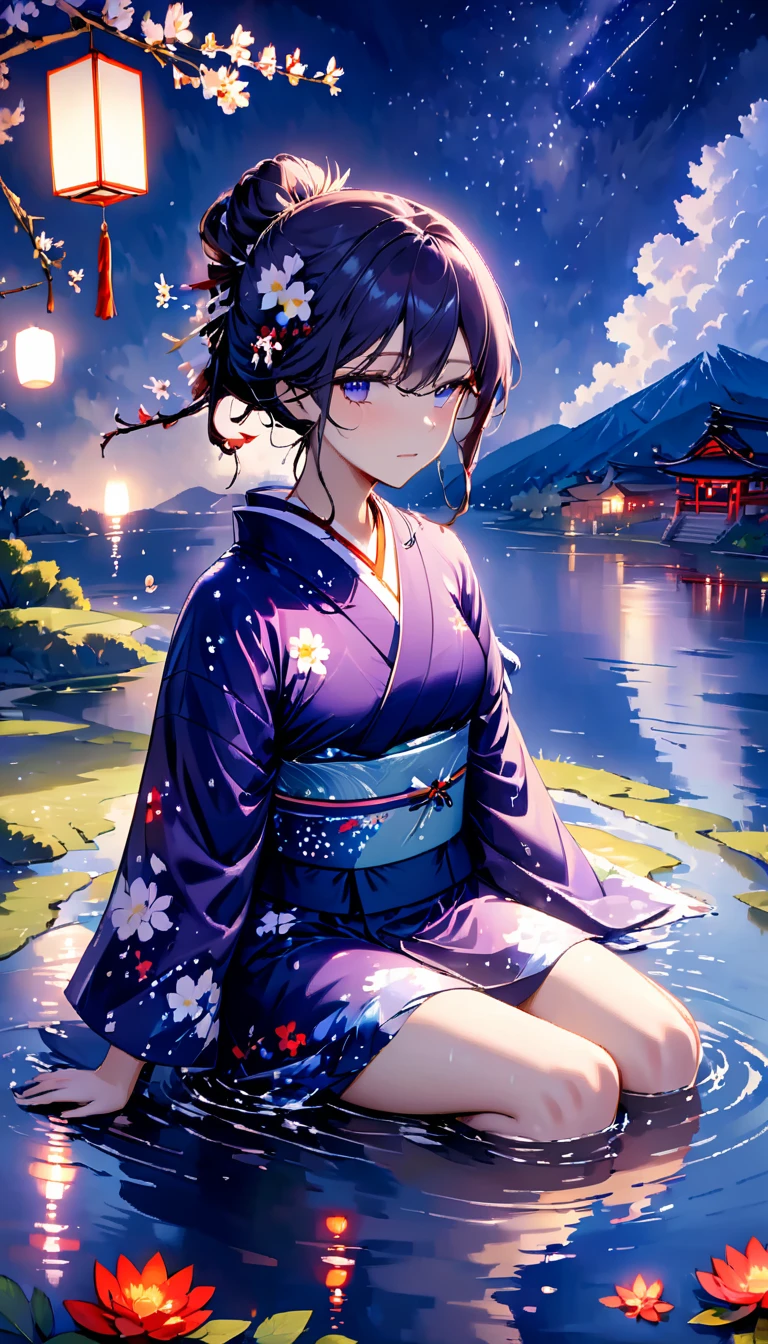 MC, ahoge, (long hari, purple hair:1.3), hair ornament, dark-blue eyes, anatomically correct, heavy breathing, mature female, 1girl, solo, breasts, looking at viewer, large breasts, long sleeves, sitting, thighs, outdoors, japanese clothes, sky, barefoot, day, cloud, wide sleeves, kimono, water, flower, spotlight, (bokeh:1.3) tree, legs, sash, bare legs, obi, crossed legs, nature, black kimono, short kimono, reflective, (fog:1.3), fireflies, hollow eyes, bright pupils, dark-blue eyes, looking at viewer. glowing eyes heavy breathing, seductive smile, (steaming face:1.3), blush face, lips,