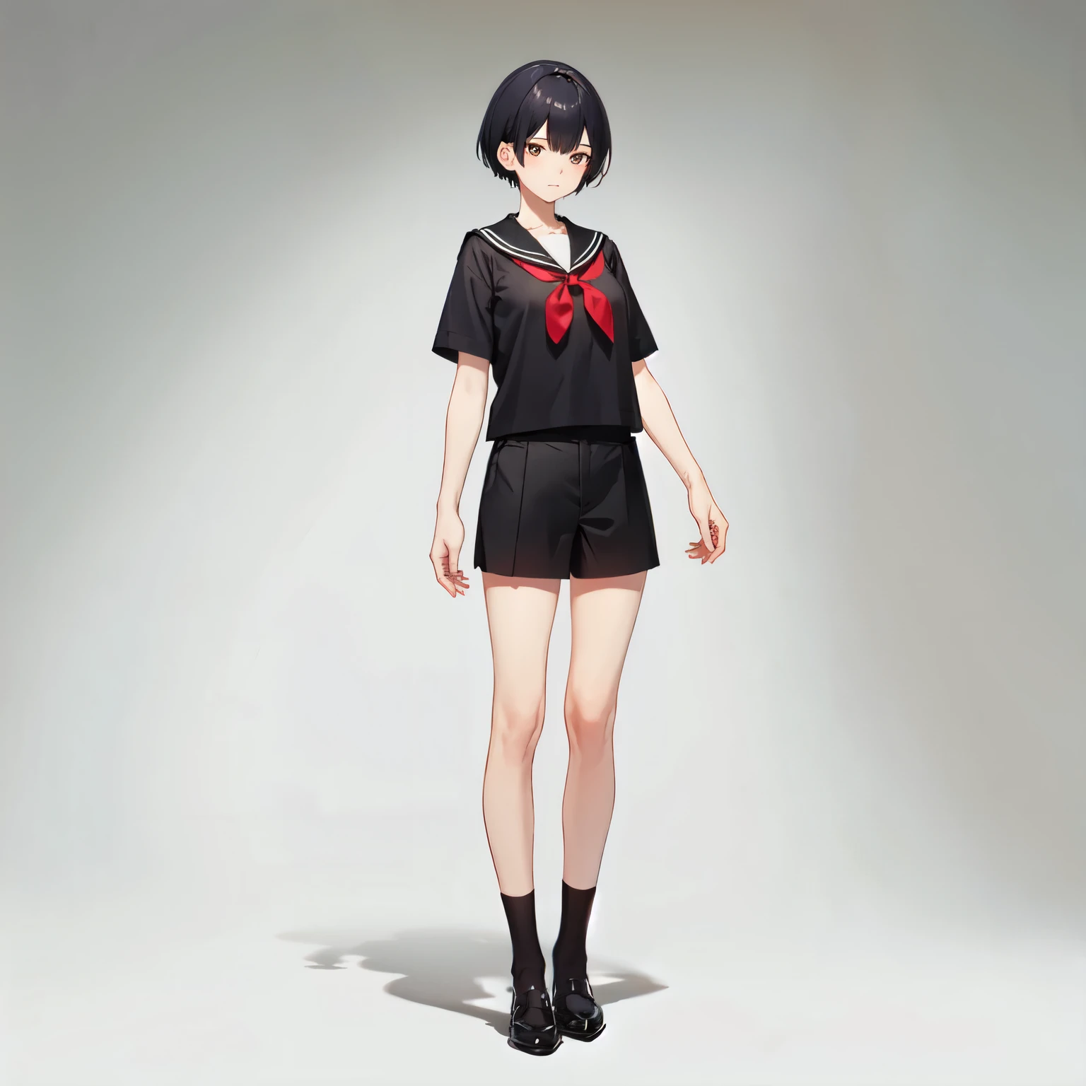 Black short hair, black short sleeve sailor suit, slender, small, red ribbon, no background, black high socks, full body, arms crossed