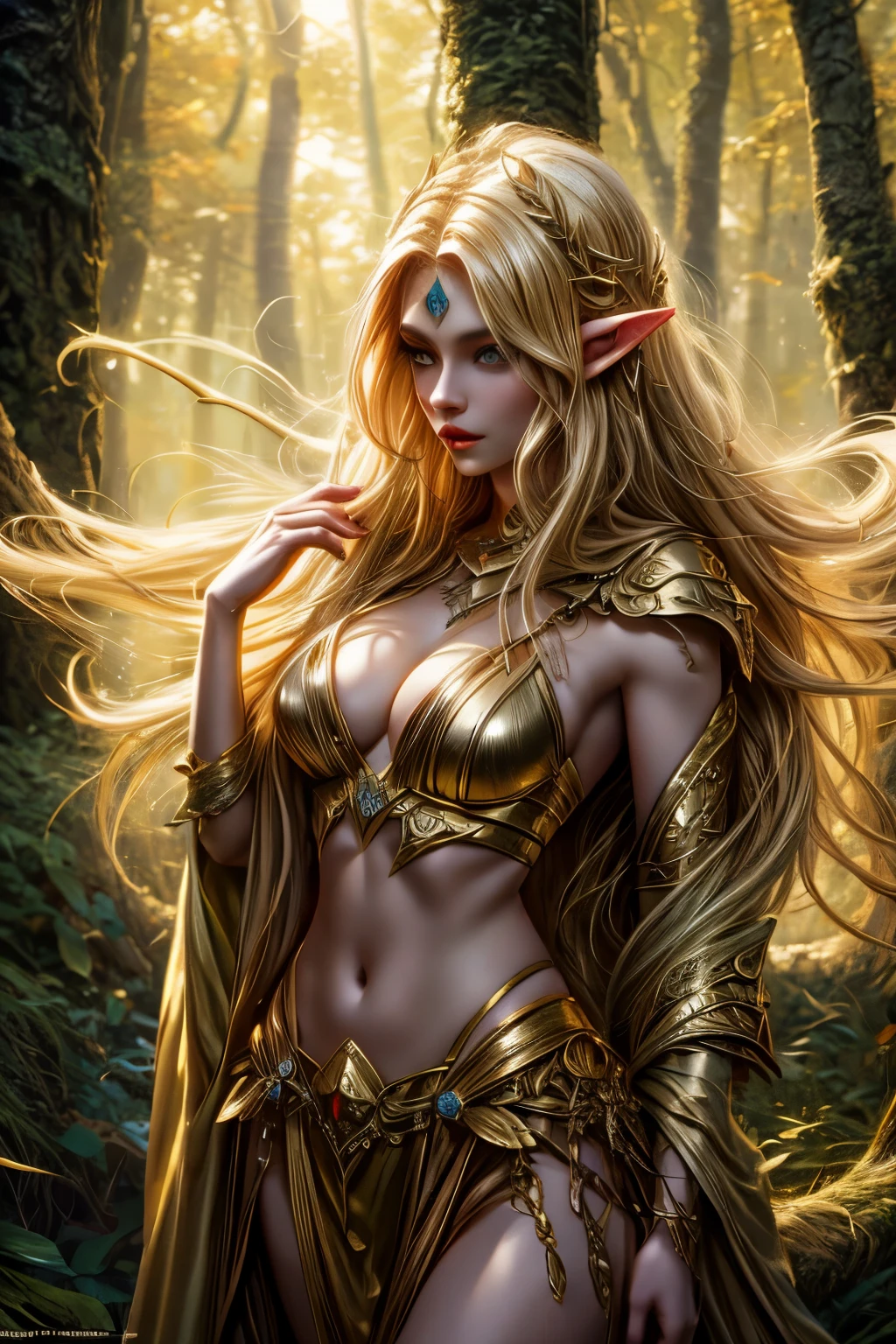 elven woman, long blond hair, gold bikini, posing in the woods, detailed fantasy art, amazing fantasy art, hyperrealistic fantasy art