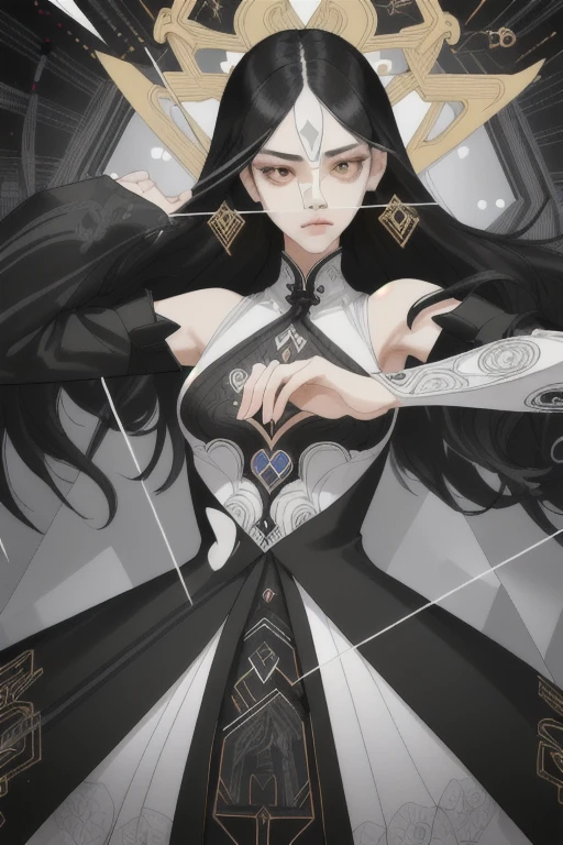 (nonsense, height, very detailed), 1 girl, mature woman, Straight black hair, long hair, smooth, blunt, White eyes, black dress, Intricately detailed eyes and detailed face, วอลล์เปเปอร์ CG Unity 8k ที่very detailed, complicated details, Take a break , Kaleidoscope, Symmetrical form, Dumb color, Geometric shapes, Mesmerizing design, optical illusion, dynamic composition Take a break , Khon art, Expressive body language, Silent storytelling, provocative gesture, Storytelling with pictures, theatrical performances Take a break ,