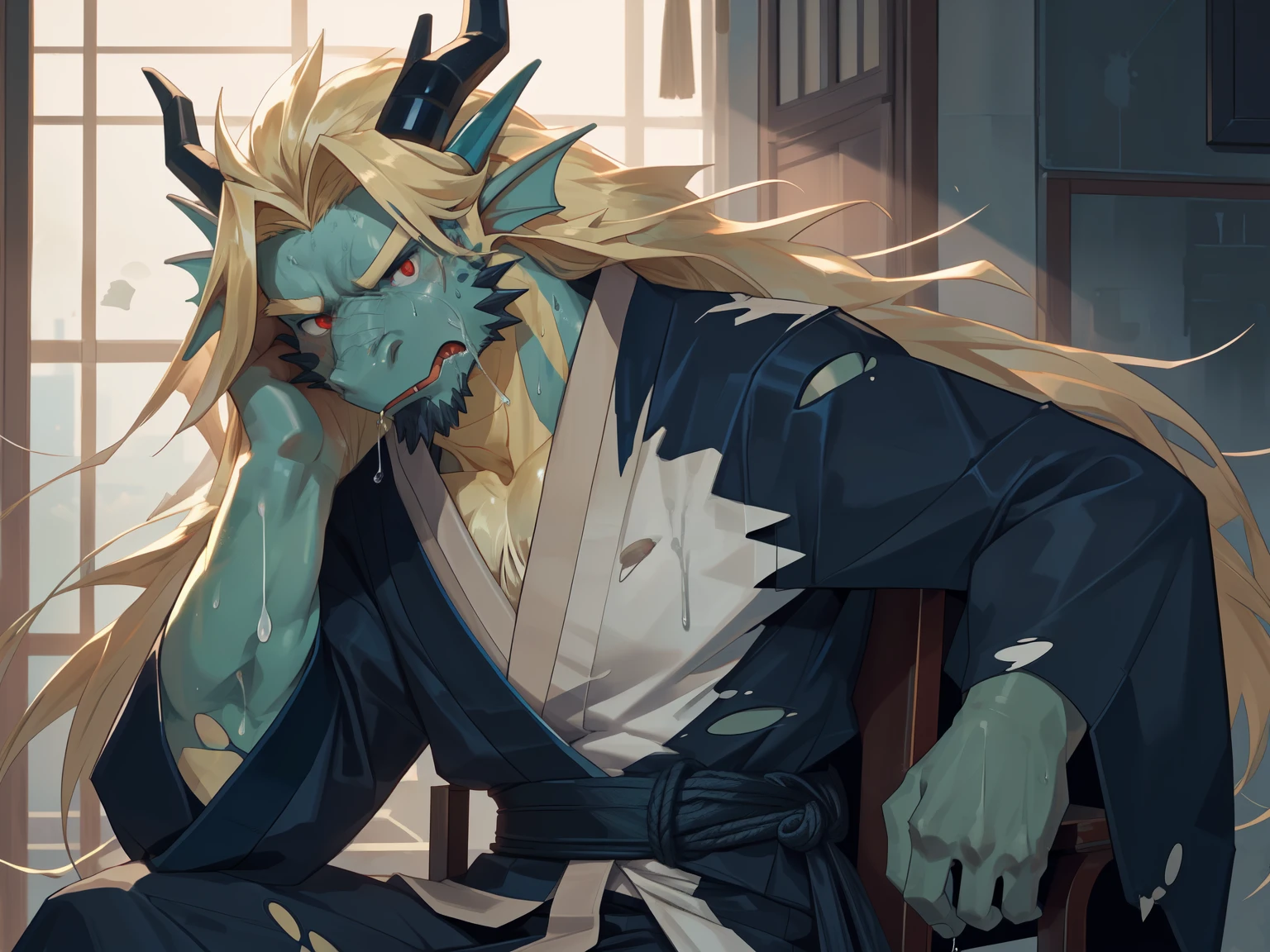 detailed eyes, (extreme detail:1.2), Nsfw, Anime style, score_9,score_8_up,score_7_up, best quality, masterpiece, high detailed, Kemono, (dragon) male, eastern dragon man, Big penis, athletic, Green skin, (Long blonde hair,) (disheveled hair,) ((long hair on side of head,)), Red eyes, (((Thin eyebrows))), ((sit down)), rope bondage, ((torn and open clothes)), ((Kimono)), ((frustrated)), (((saliva))), v-shaped eyebrows, (furrowed brow), (((bondage))), bound, Exposed penis, ((Sweaty body)), sweat, with the legs spread, open mouth, (((precum))), ((Very half-closed eyes), look at viewer, cum on abs, cum on face, (sexual bondage), sit on a chair, (tie (a person) to a chair)