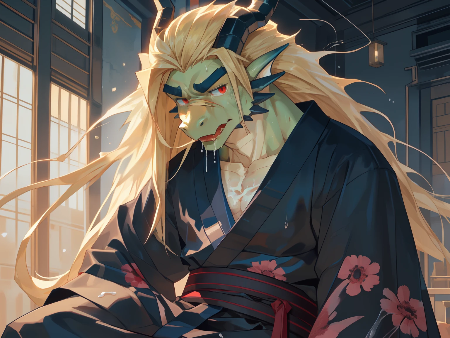 detailed eyes, (extreme detail:1.2), Nsfw, Anime style, score_9,score_8_up,score_7_up, best quality, masterpiece, high detailed, Kemono, (dragon) male, eastern dragon man, Big penis, athletic, Green skin, (Long blonde hair,) (disheveled hair,) ((long hair on side of head,)), Red eyes, (((Thin eyebrows))), ((sit down)), rope bondage, ((torn and open clothes)), ((Kimono)), ((frustrated)), (((saliva))), v-shaped eyebrows, (furrowed brow), (((bondage))), bound, Exposed penis, ((Sweaty body)), sweat, with the legs spread, open mouth, (((precum))), ((Very half-closed eyes), look at viewer, cum on abs, cum on face, (sexual bondage), sit on a chair, (tie (a person) to a chair)