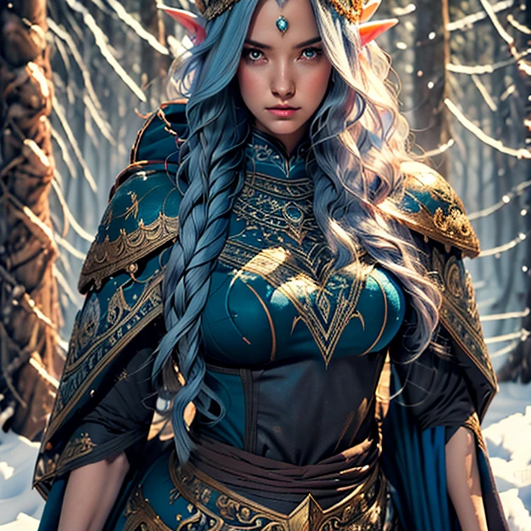 Wearing an ice crown、Woman wearing navy blue winter cloak with gold details, snowflake brooch. long blue hair. Winter queen, elf princess, portrait of uma elf queen, elf queen, winter princess, uma elf queen, type germ em artstation pixiv, whole body. standing in the snow,In front of you is a huge ice castle. rpg character. medieval era. elf woman. Red-haired elves. blue eyes. Forest Elves. Forest Elves Warrior. Elf Archer. Medieval archers. archery. Organic Amadurlah. Moss green armor. soft lighting. Standing in the middle of the forest. Dense forest. bioluminescent mushrooms. fantastic environment. sunlight. sunshine. Warm highlights. Blue and yellow-green color palette. Role playing game character design. IG Model | type germ, :: Ross Drawing, The artwork is not guweiz's style, extremamly detailed type germ. whole body, Castle detailed background, Super detailed, Detailed face, Sincere POV photos, Park Lee Jeffries, Nikon D850, movie stock photography ,4 ending portra 400, F1 camera lens.6, colorful, Surreal, Realistic texture, dramatic lighting, film alembic 800 (8K, original photo, better quality, masterpiece: 1.2), Super detailed, (highly refined skin: 1.2), 8K UHD, DSLR camera, soft lighting, high quality.