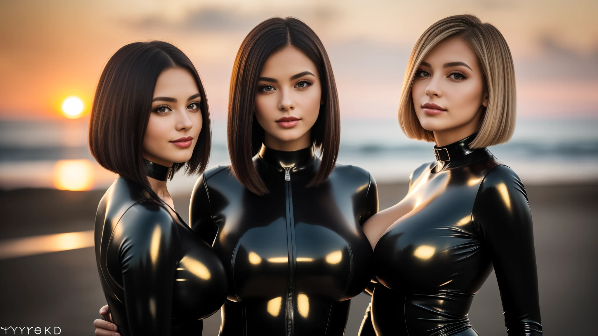 three girls, masterpiece,best qualtiy,hdr, hyper HD, 8K,Bokeh,Ultra-fine painting,Sharp focus,Physically-based rendering,Extreme detail description,portraitures,full-body photo，back turned at viewer, (long bob_cut hair), Sexy smile, choker, (latex suit:1.2), (in sunset light:1.2), (kissing:1.2), perfect eyes, perfect hands, perfect body, perfect hair, (Big breasts:1.4), (EOS R8, 50 millimeters, F1.2, 8K, RAW photo:1.2), photograph by arny freytag
