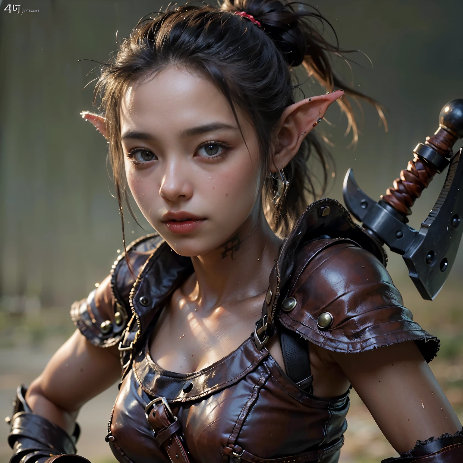(best quality,4k,8k,highres,masterpiece:1.2), ultra-detailed, (realistic,photorealistic,photo-realistic:1.37), goblin-and-orc-half, extremely cute girl, , twintails, sweating skin, intense gaze, leather armor, axe
