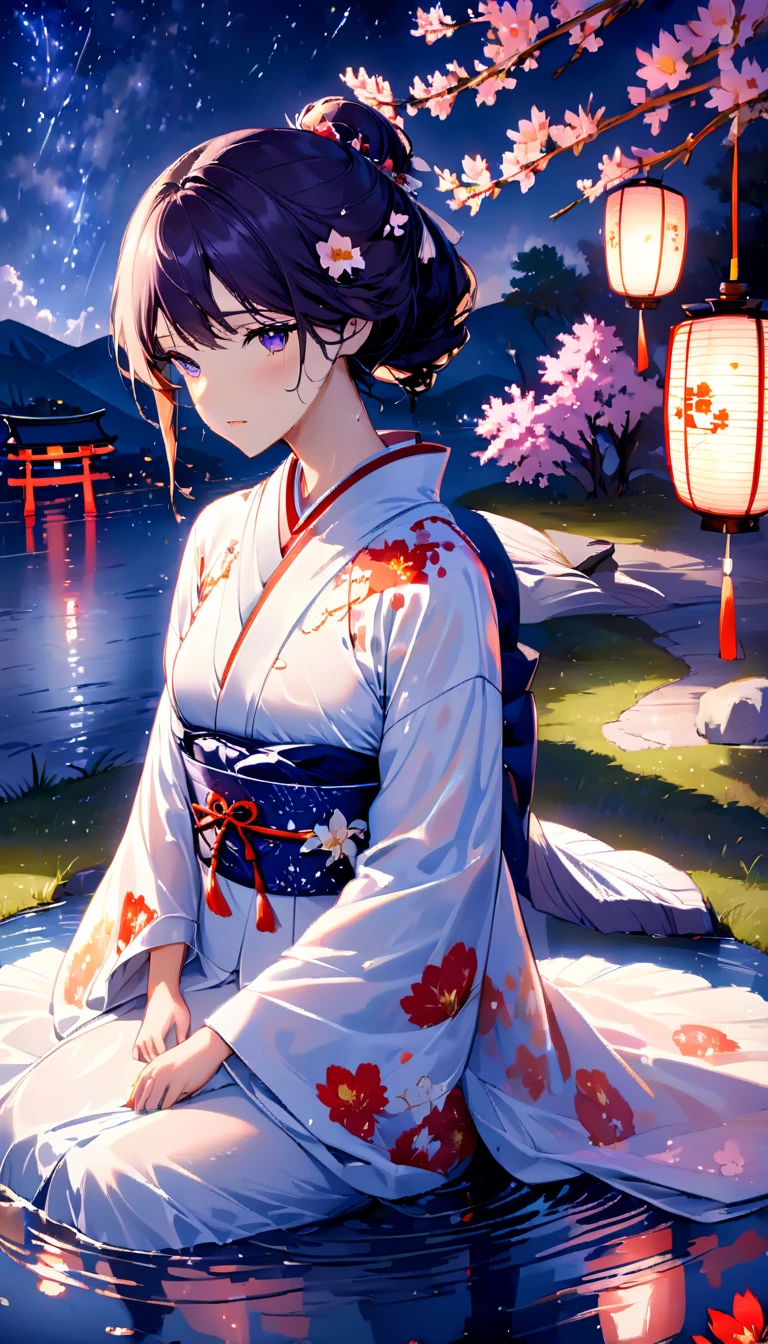 beautiful woman,Full body soaked in water,8head and body,Japanese clothing,night,月night,Clouds purple and blue,Fine starry sky,wet skin,sexy,Sadness,glossy,Sit on the water,water splash on background,water dripping,The kimono is transparent,Eye color is indigo,take your eyes off,firefly light,A lantern floating on the water,Lights scattered in the background,Japan shrine in the background,night桜