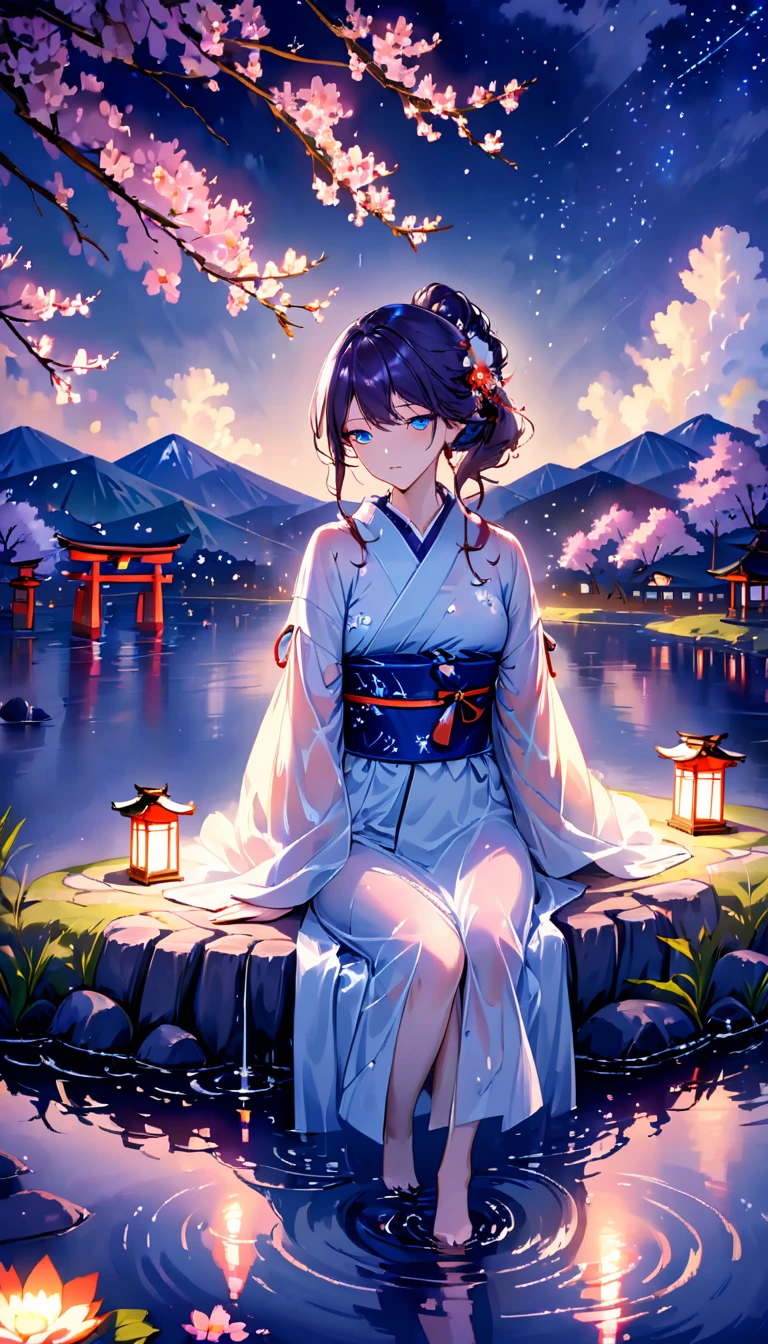 beautiful woman,Full body soaked in water,8head and body,Japanese clothing,night,月night,Clouds purple and blue,Fine starry sky,wet skin,sexy,Sadness,glossy,Sit on the water,water splash on background,water dripping,The kimono is transparent,Eye color is indigo,take your eyes off,firefly light,A lantern floating on the water,Lights scattered in the background,Japan shrine in the background,night桜